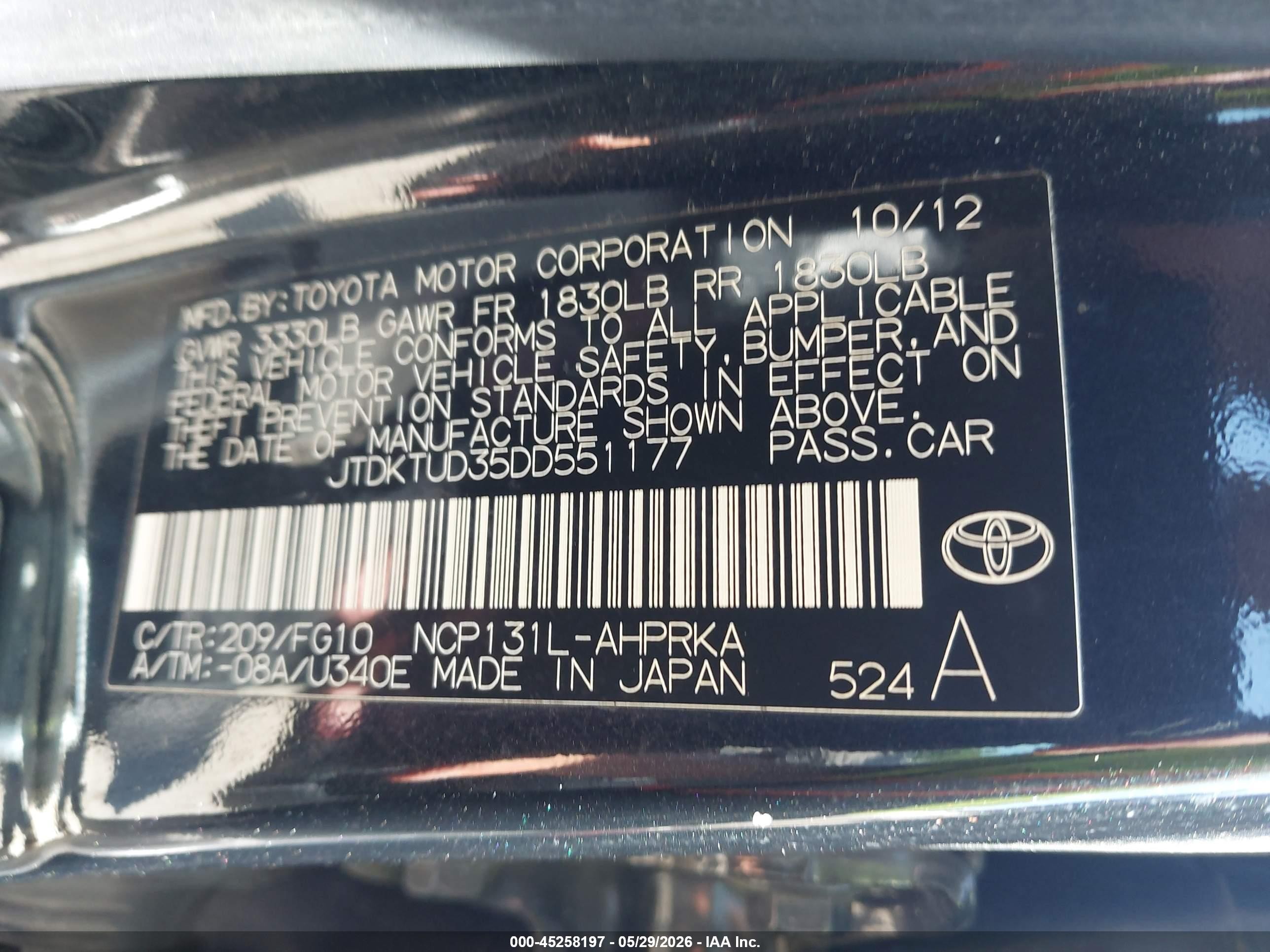 2013 Toyota Yaris Le Black vin: JTDKTUD35DD551177
