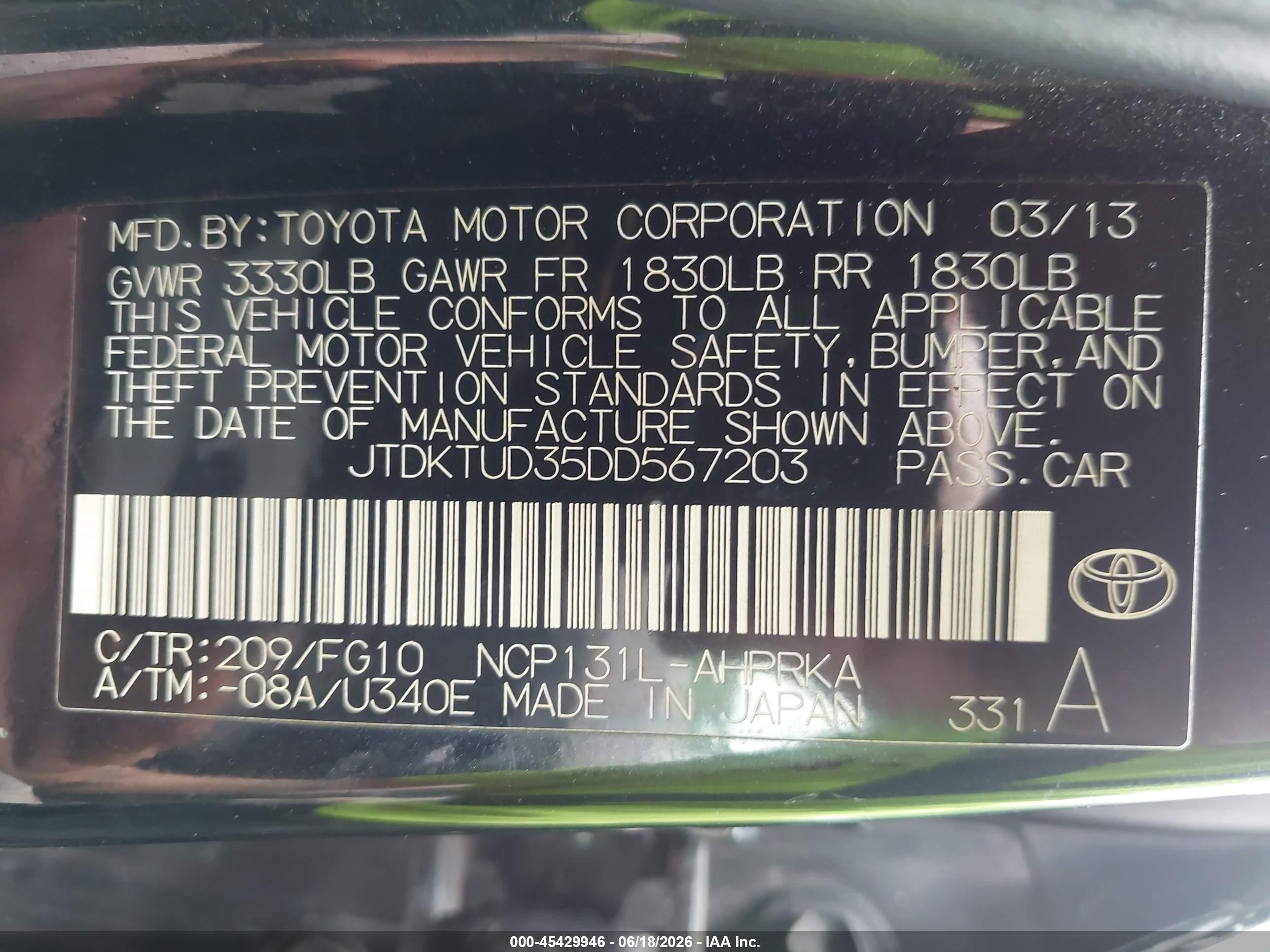 2013 Toyota Yaris Le Black vin: JTDKTUD35DD567203