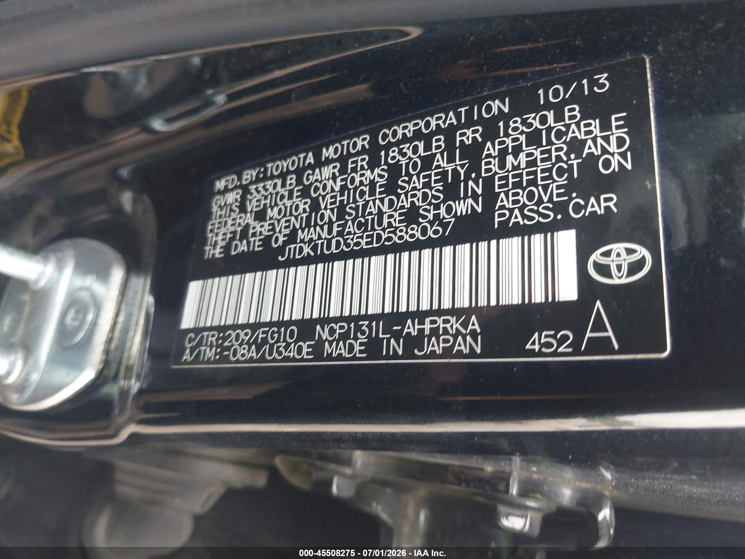 2014 Toyota Yaris Le (tmc/cbu Plant) Black vin: JTDKTUD35ED588067