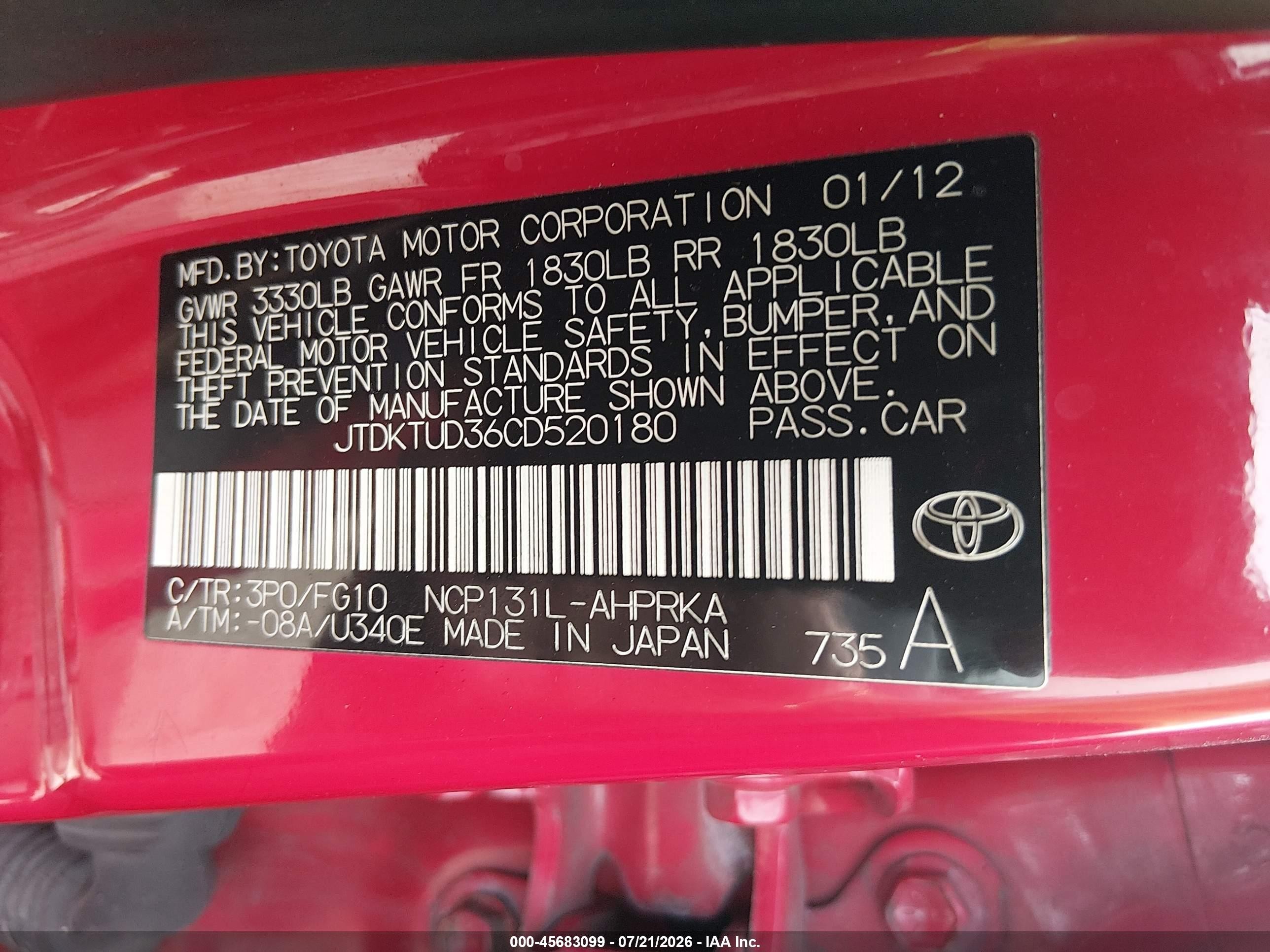 2012 Toyota Yaris Le Red vin: JTDKTUD36CD520180