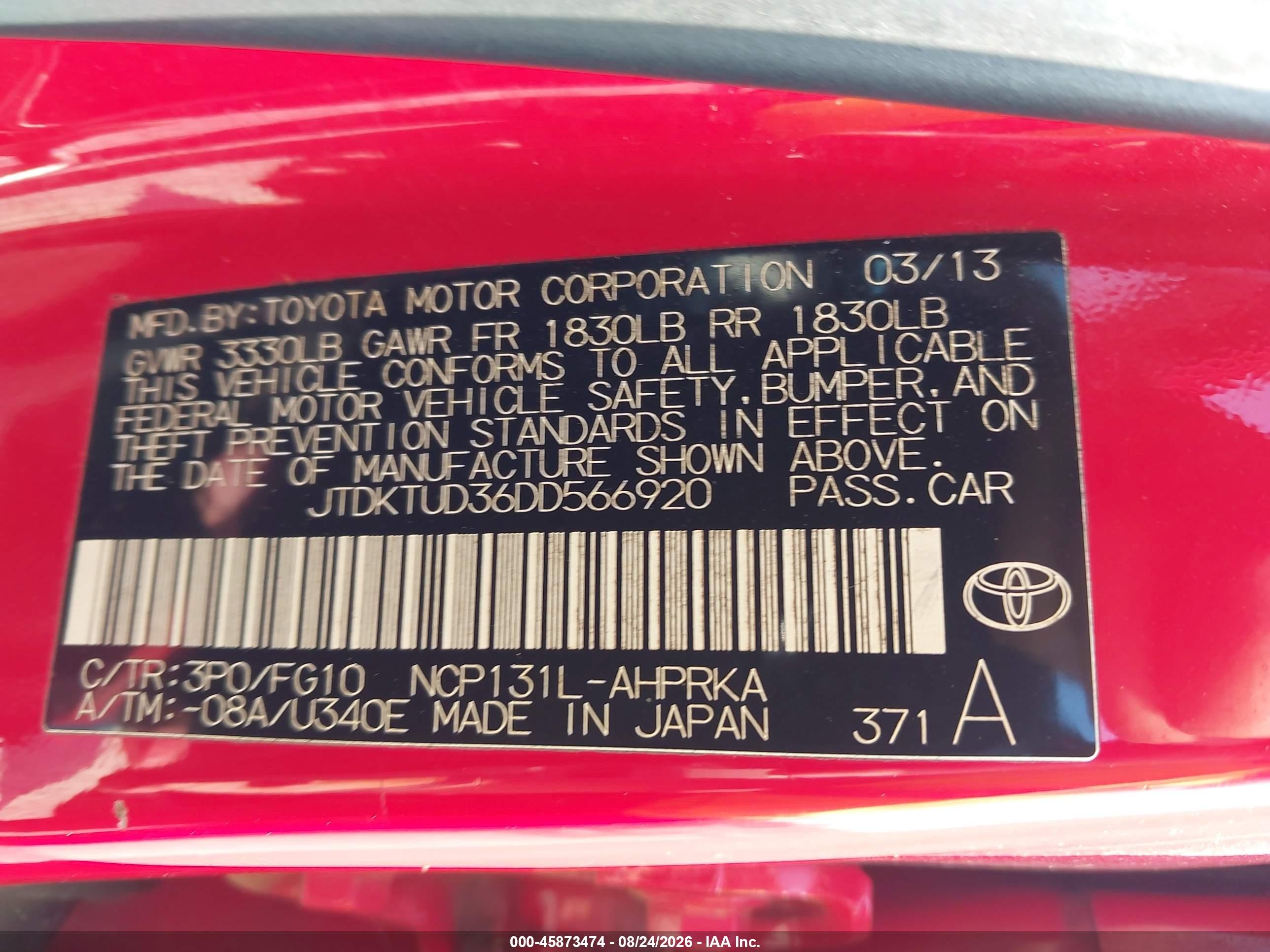 2013 Toyota Yaris Le Red vin: JTDKTUD36DD566920