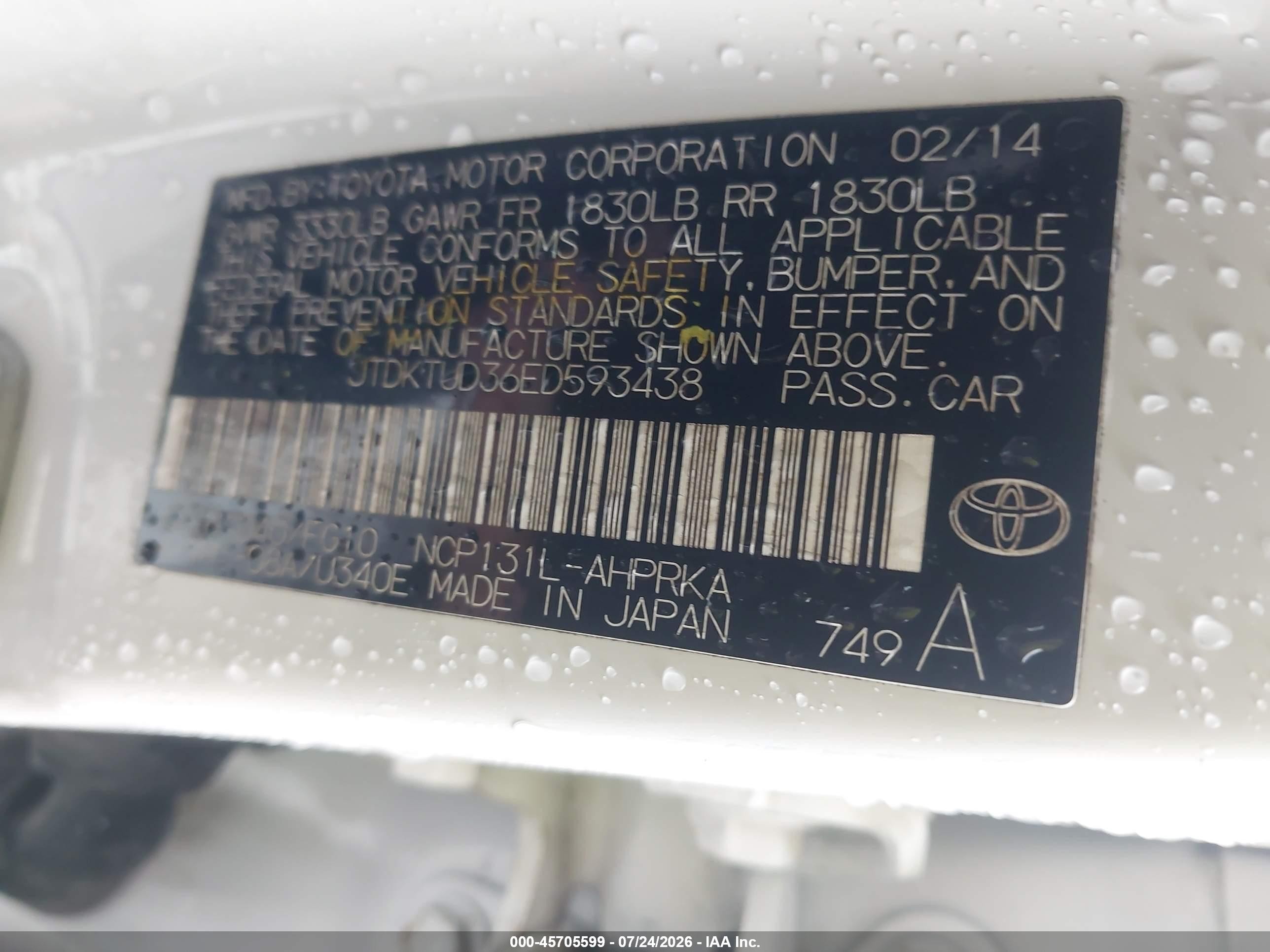 2014 Toyota Yaris L (tmc/cbu Plant)/le (tmc/cbu Plant)/se (tmc/cbu Plant) White vin: JTDKTUD36ED593438