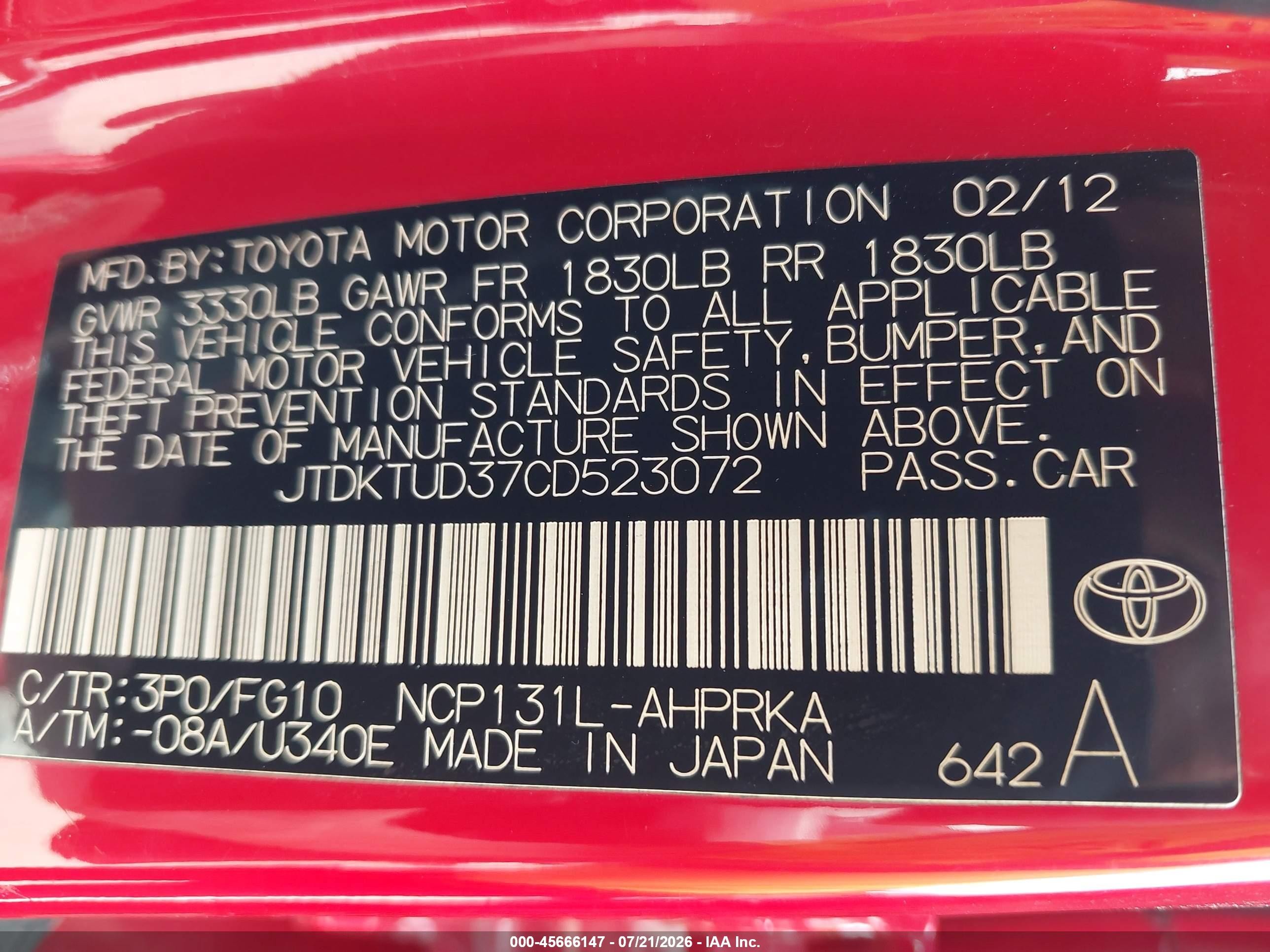 2012 Toyota Yaris L Red vin: JTDKTUD37CD523072