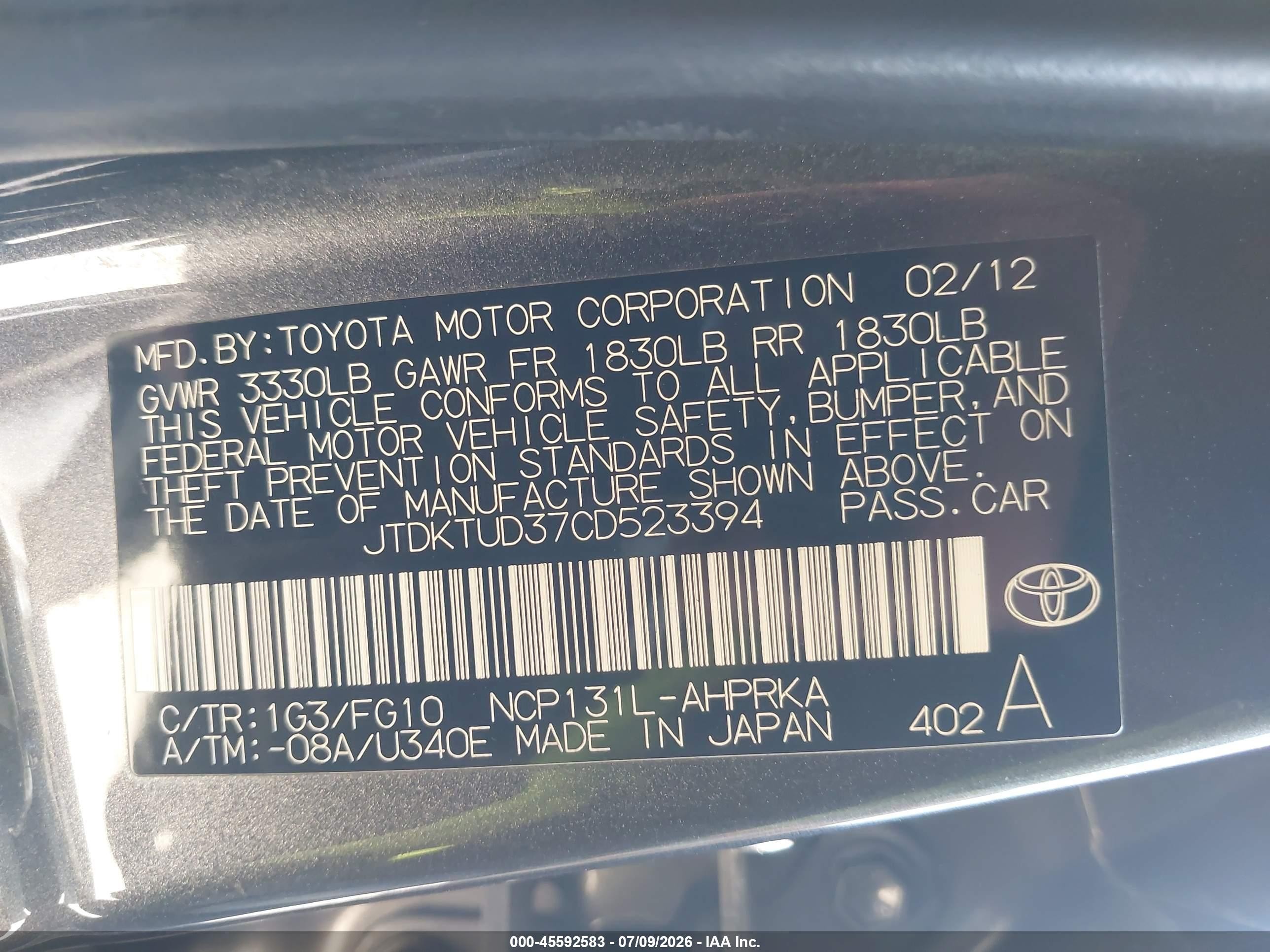 2012 Toyota Yaris Le Gray vin: JTDKTUD37CD523394