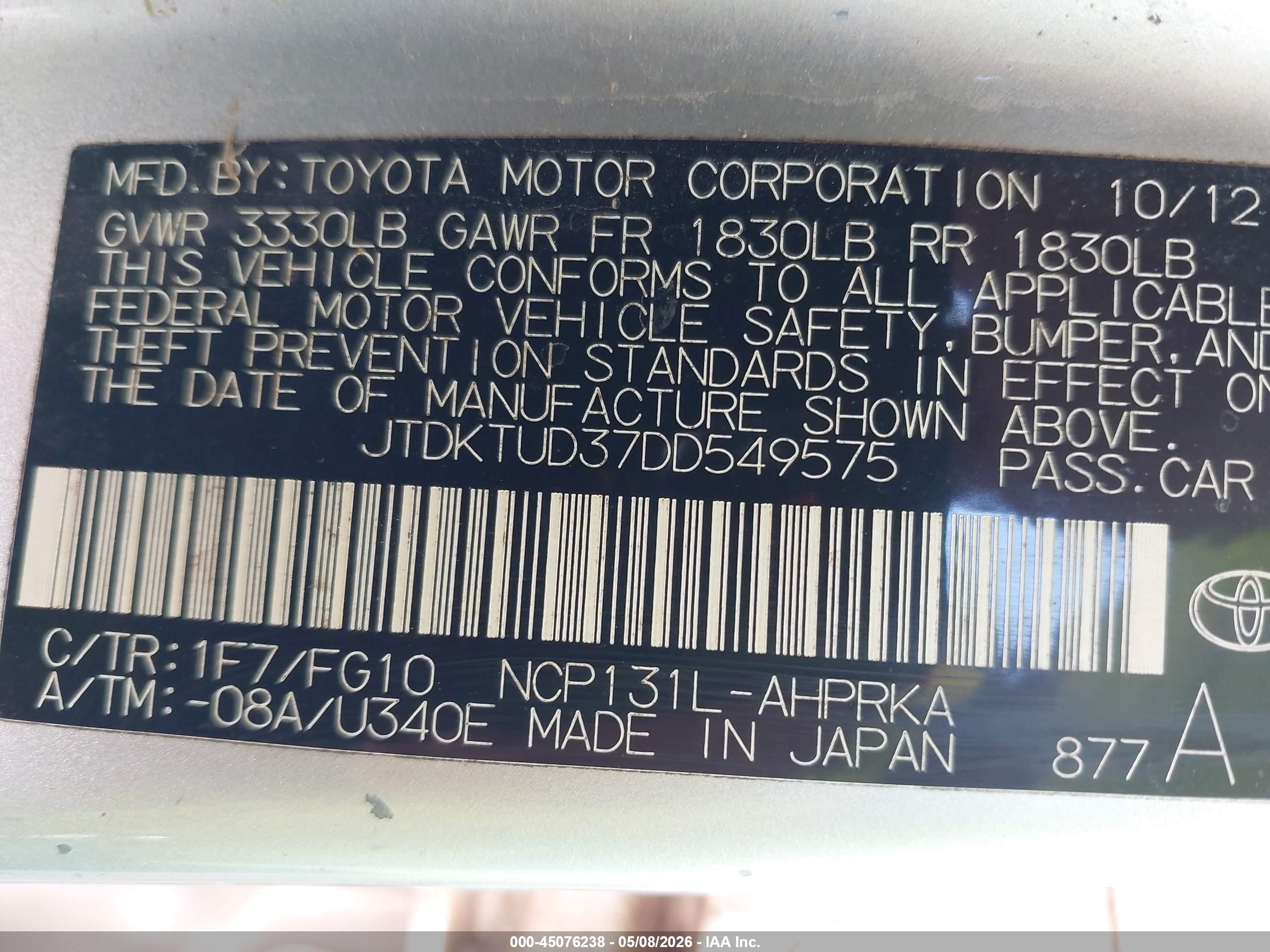 2013 Toyota Yaris Le Silver vin: JTDKTUD37DD549575