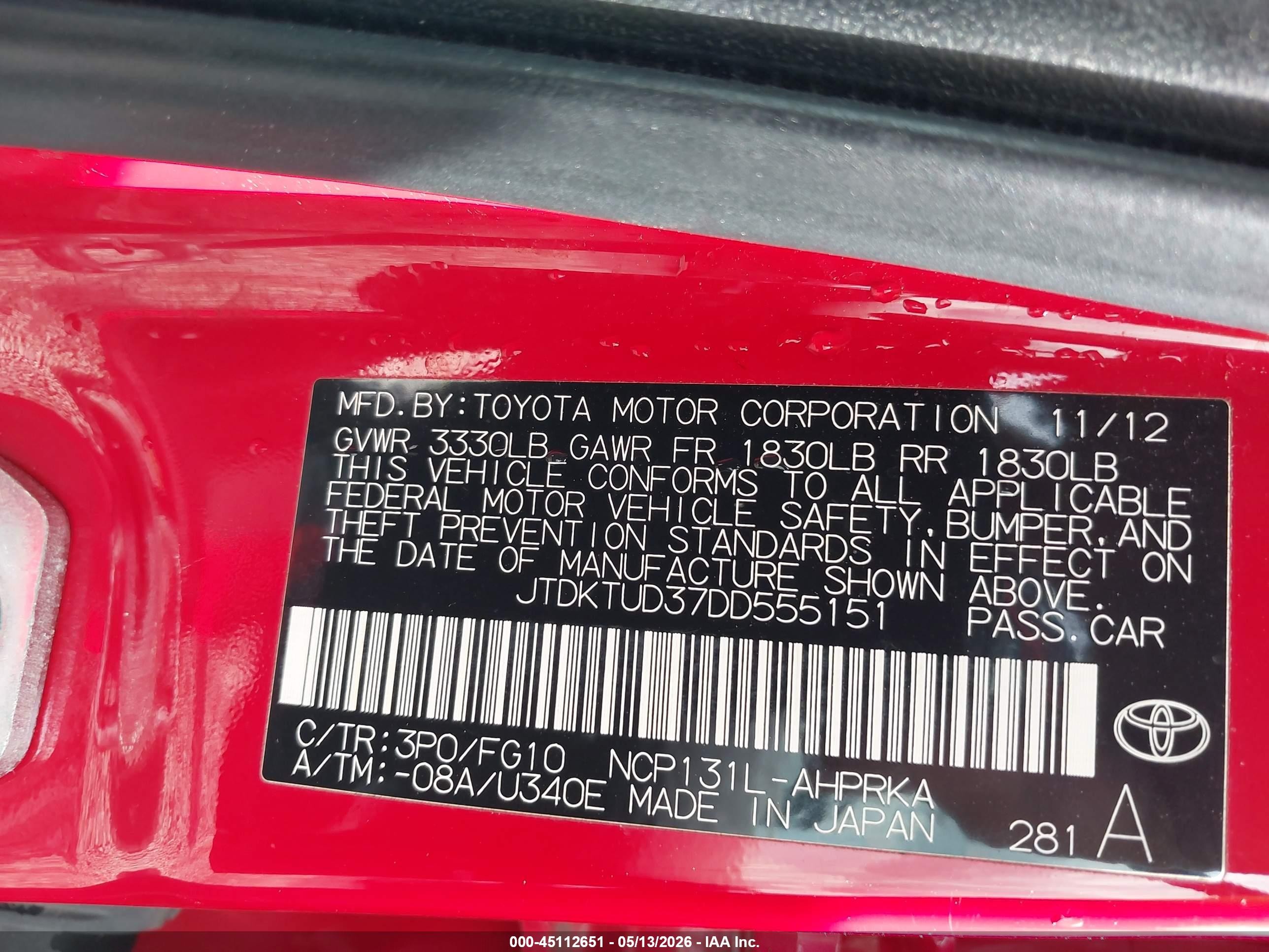 2013 Toyota Yaris L Red vin: JTDKTUD37DD555151