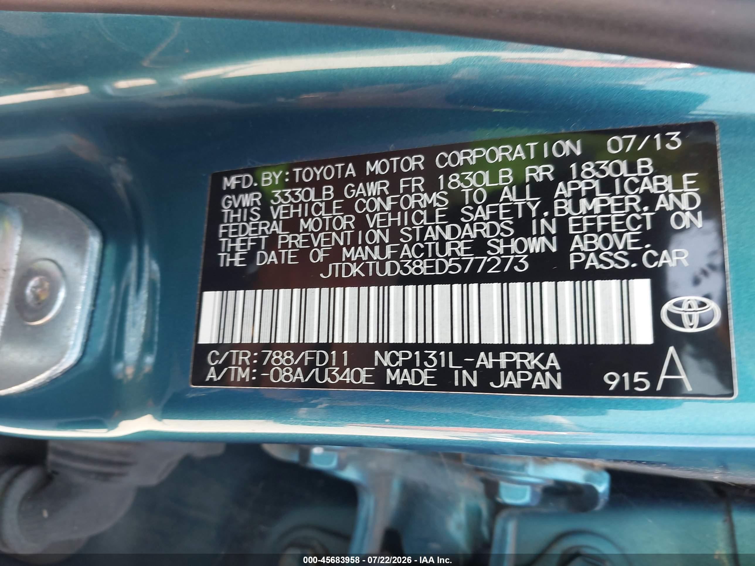 2014 Toyota Yaris Se (tmc/cbu Plant) Teal vin: JTDKTUD38ED577273
