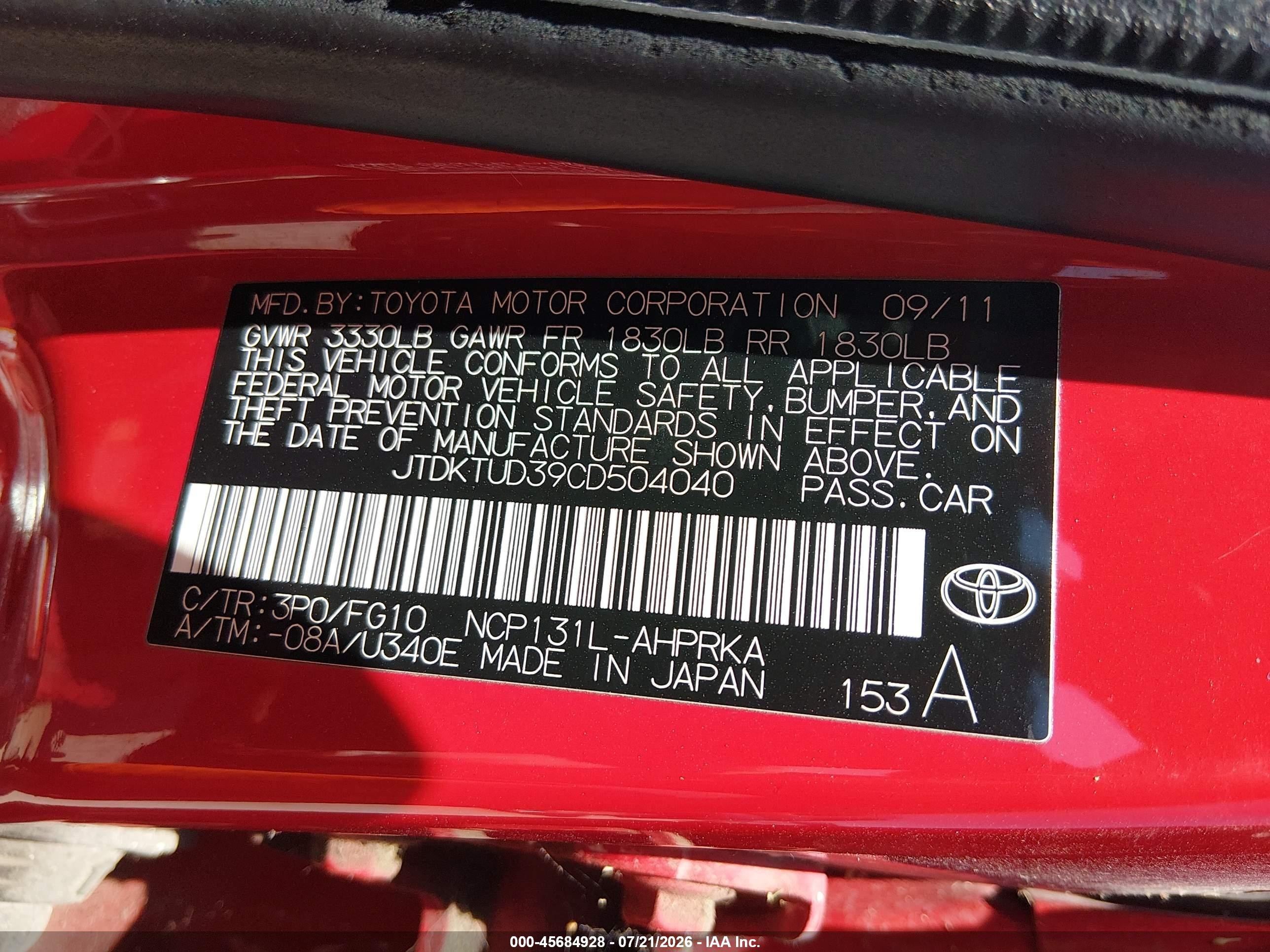 2012 Toyota Yaris L Red vin: JTDKTUD39CD504040