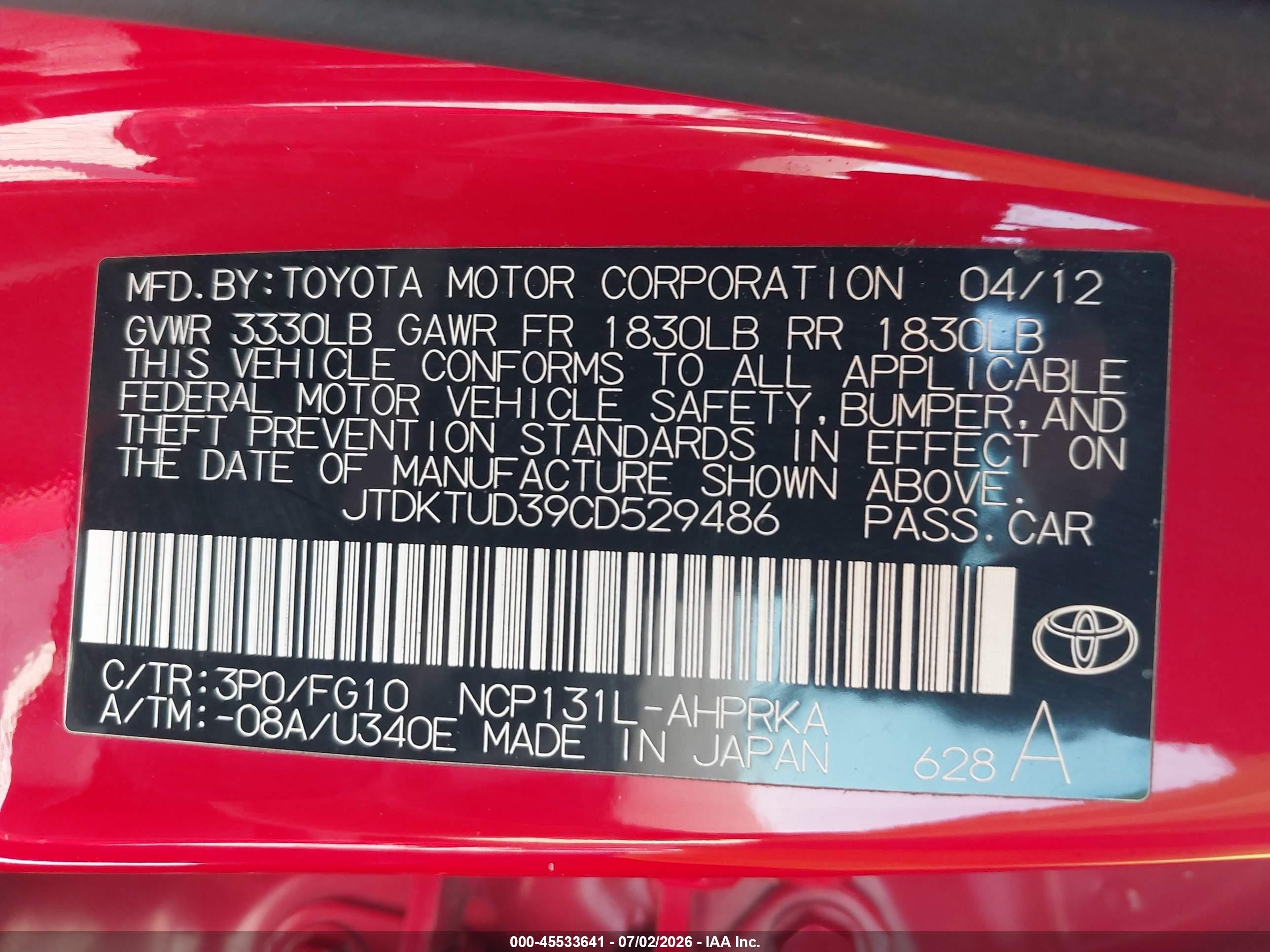 2012 Toyota Yaris Le Red vin: JTDKTUD39CD529486