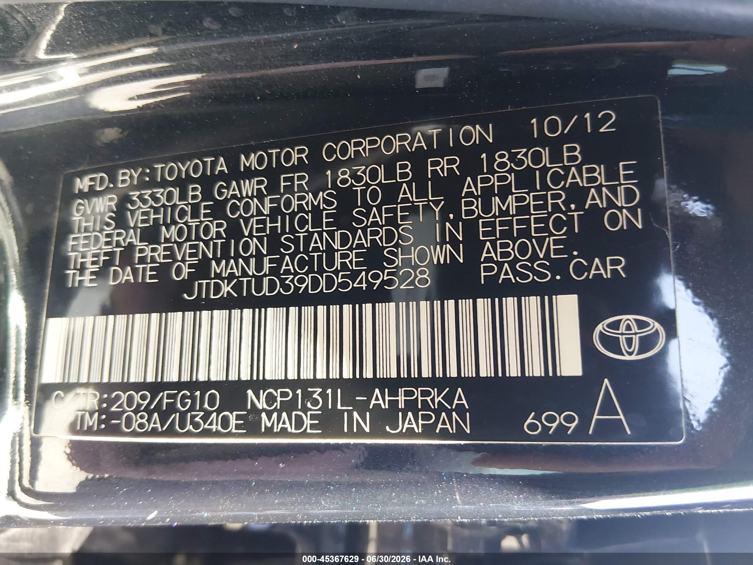 2013 Toyota Yaris   Black vin: JTDKTUD39DD549528
