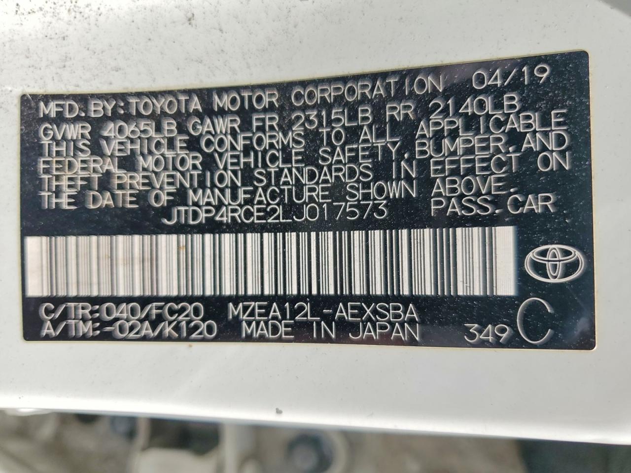 2020 Toyota Corolla Se White vin: JTDP4RCE2LJ017573