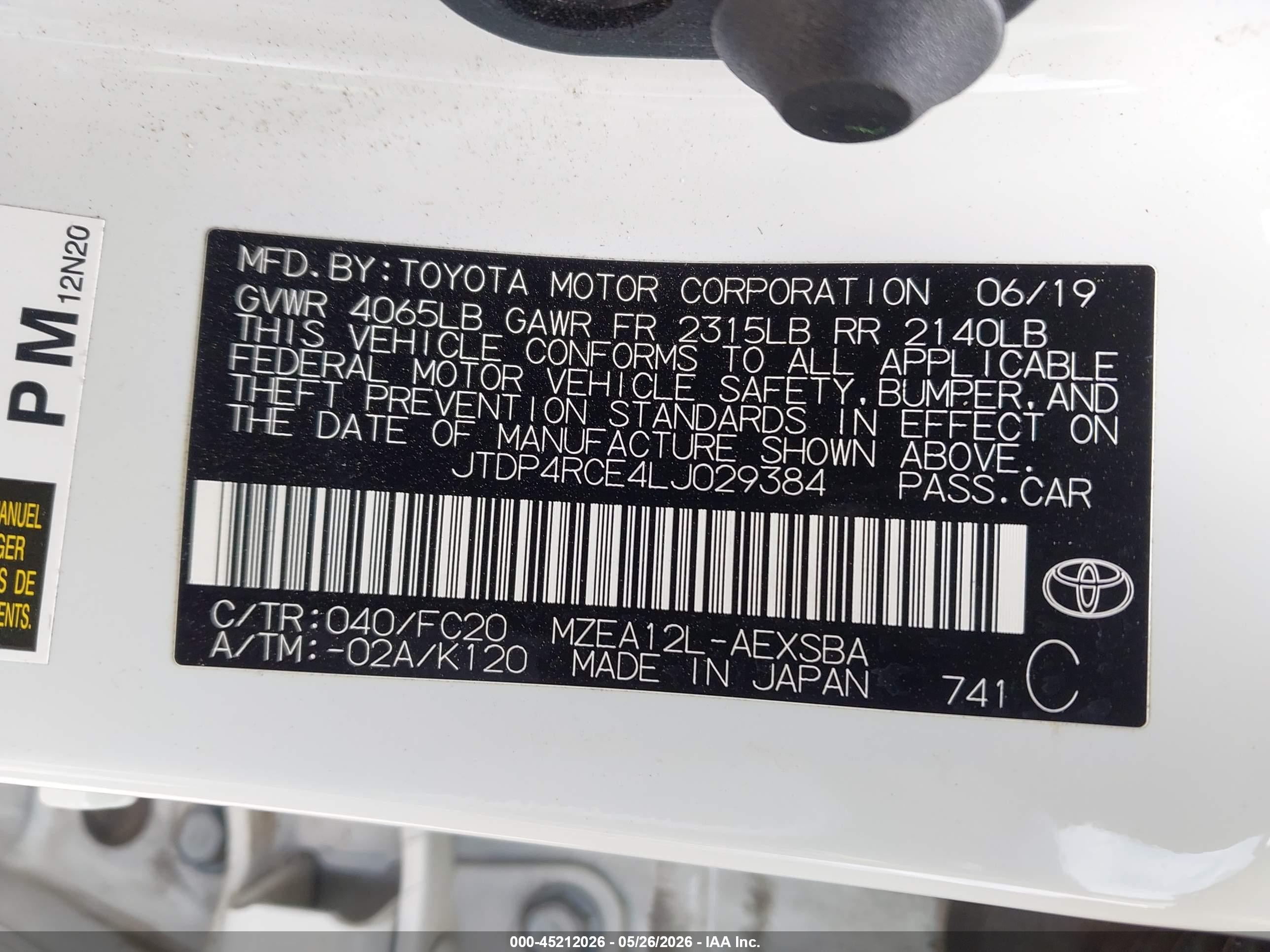 2020 Toyota Corolla Se White vin: JTDP4RCE4LJ029384