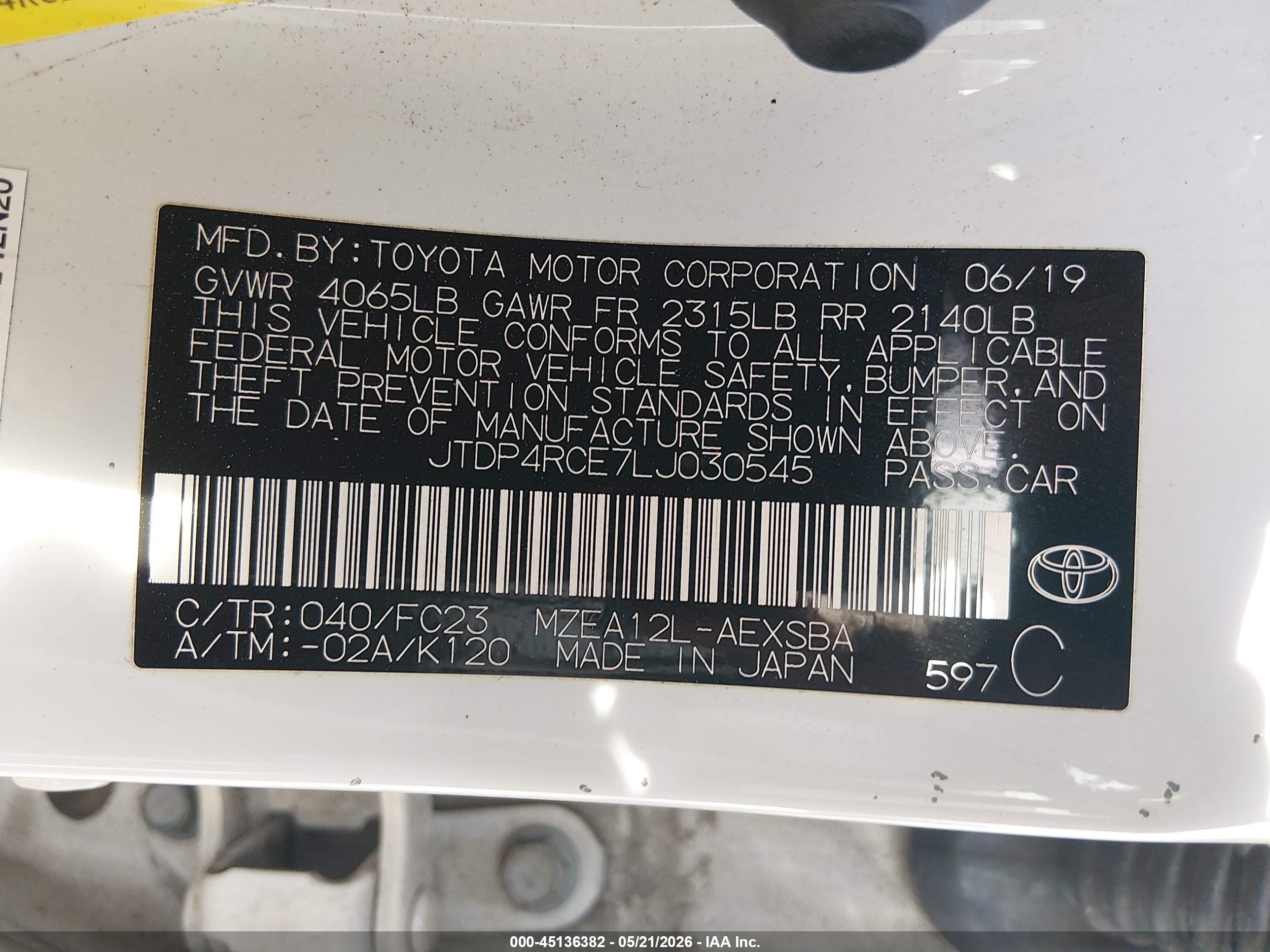 2020 Toyota Corolla Se White vin: JTDP4RCE7LJ030545