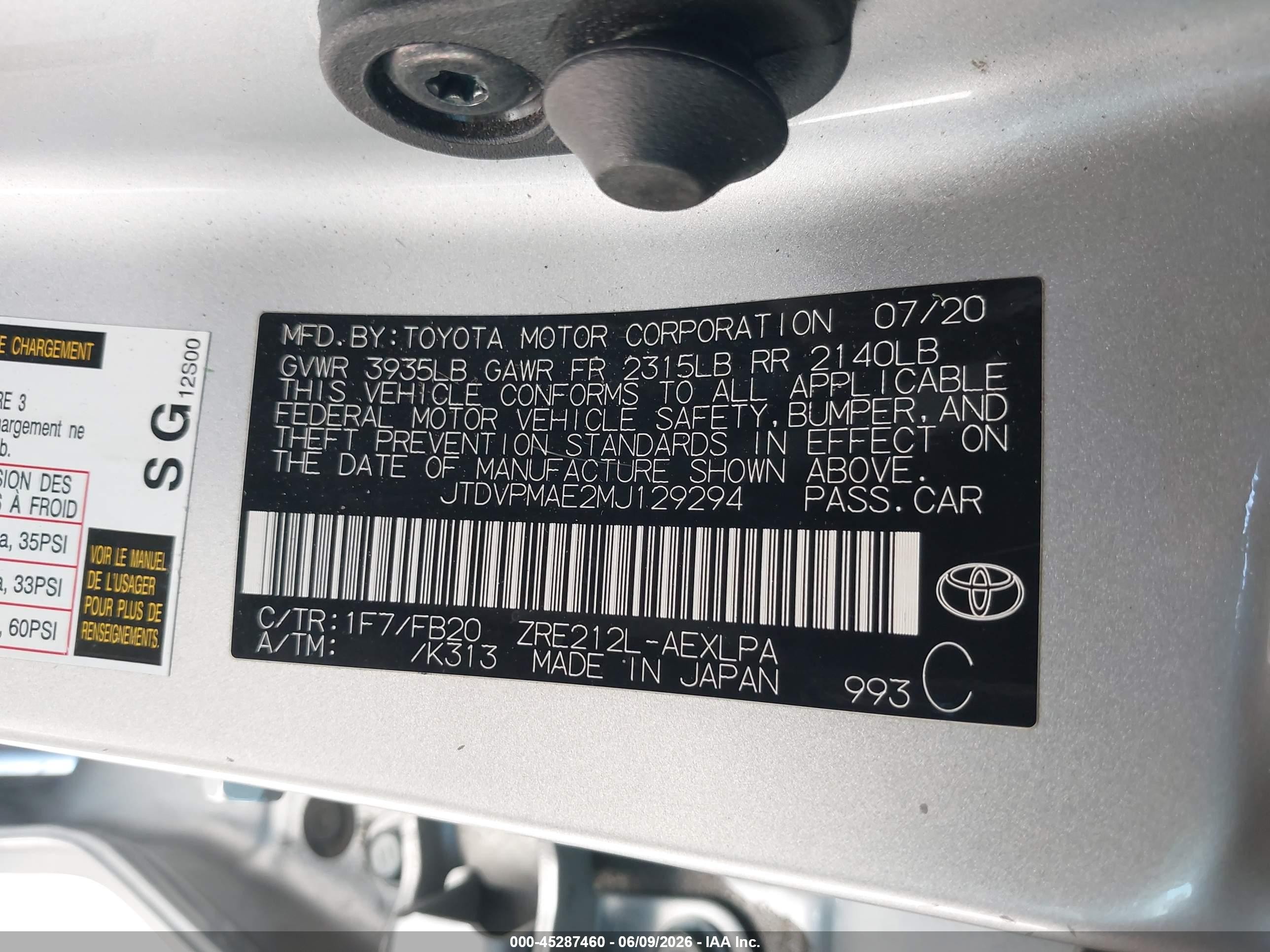 2021 Toyota Corolla Le Gray vin: JTDVPMAE2MJ129294