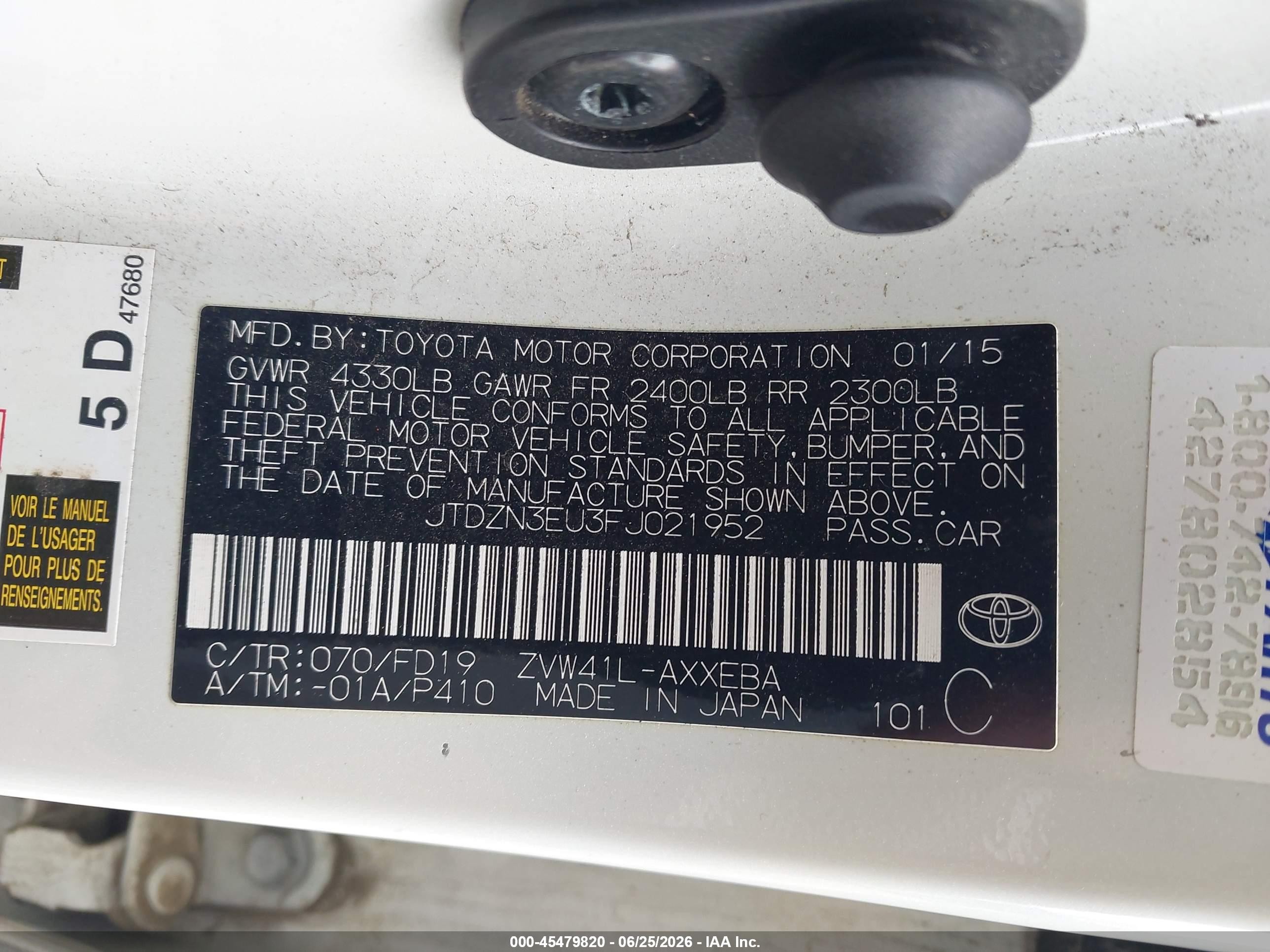 2015 Toyota Prius V Two White vin: JTDZN3EU1FJ040581