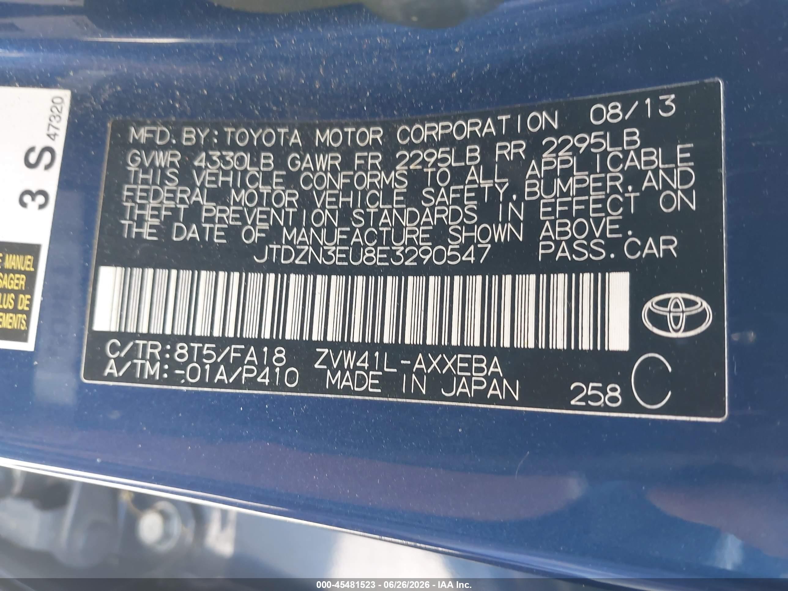 2014 Toyota Prius V Two Blue vin: JTDZN3EU8E3290547