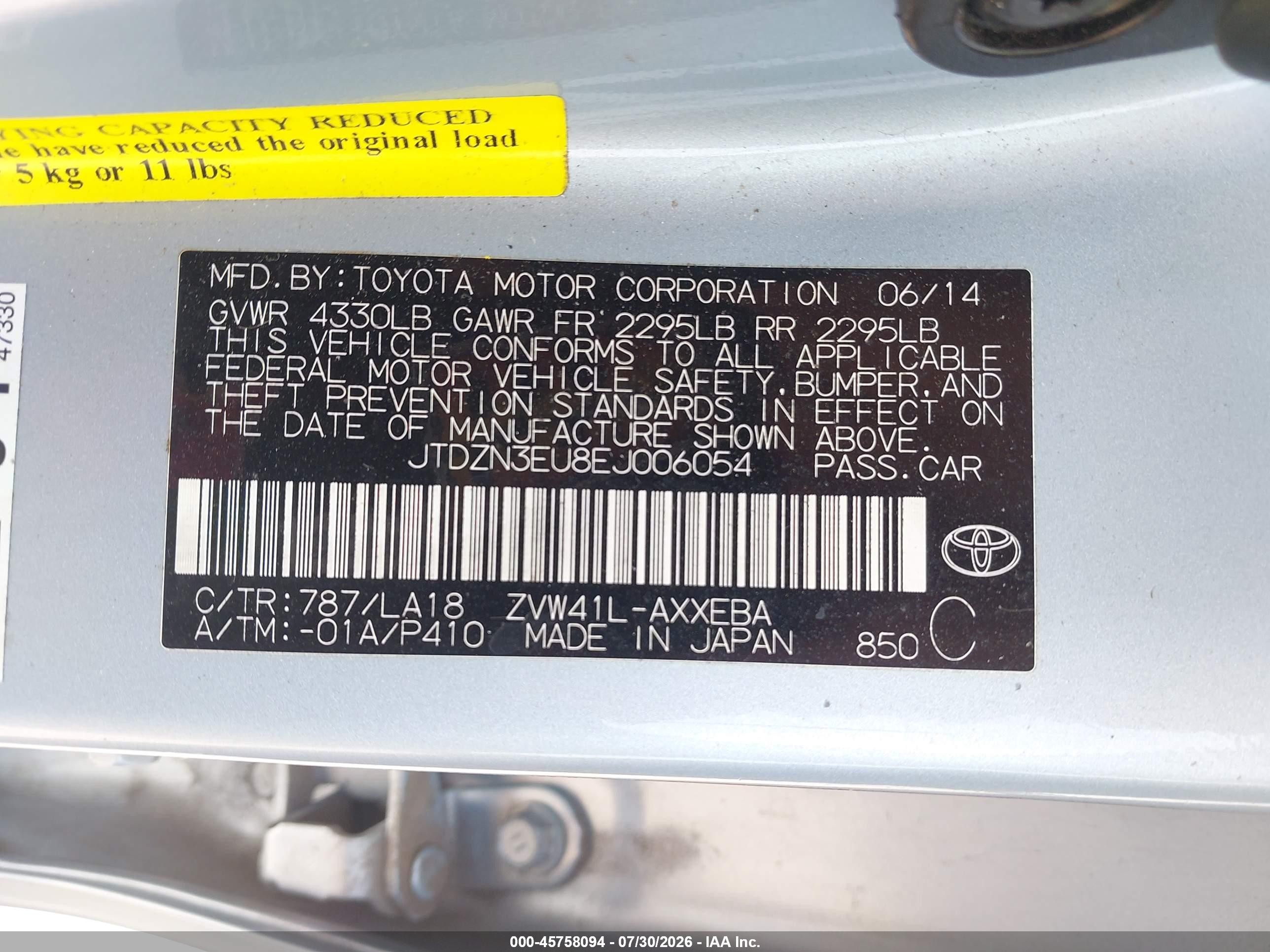 2014 Toyota Prius V Five Light Blue vin: JTDZN3EU8EJ006054