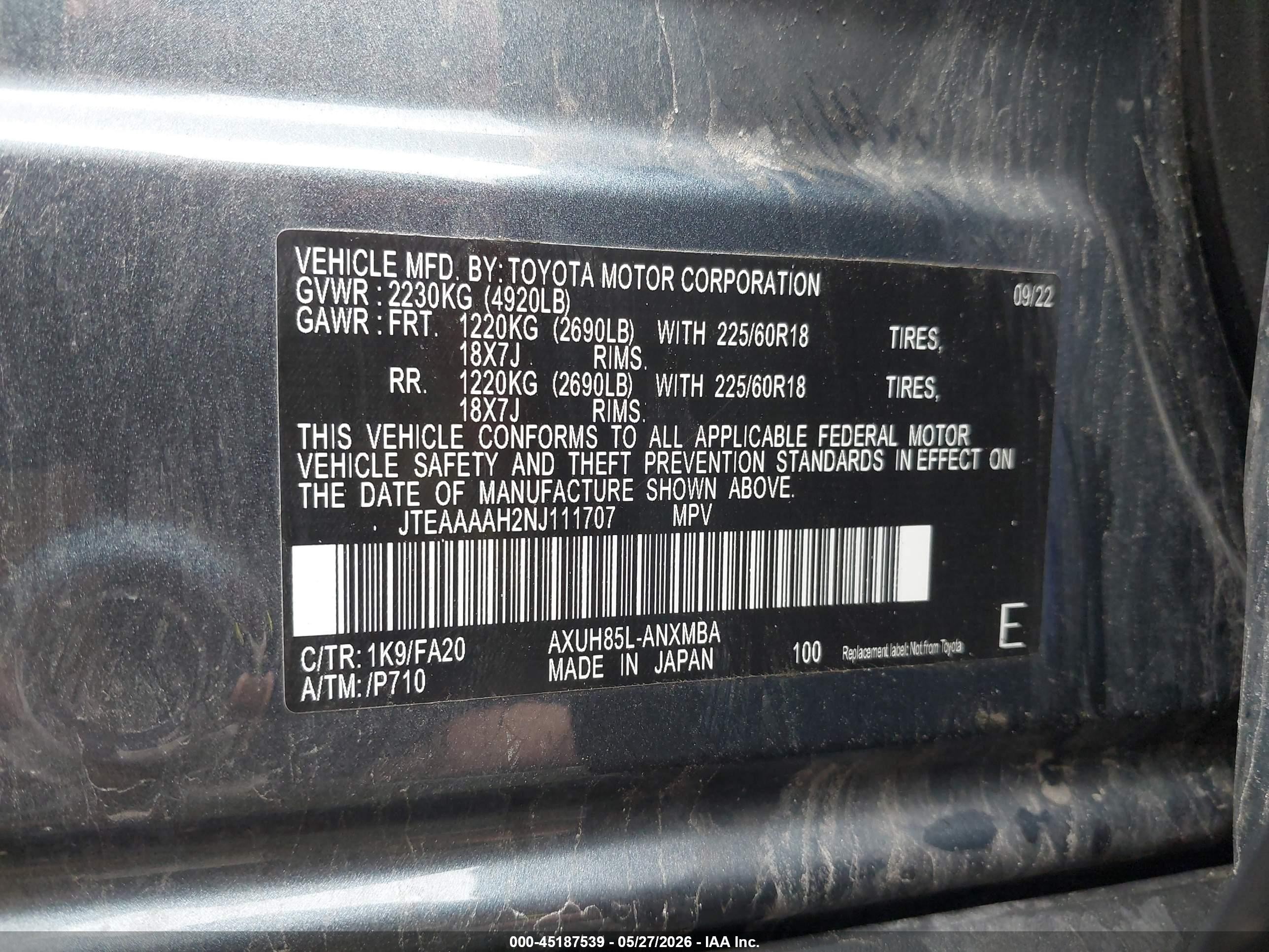 2022 Toyota Venza Le Gray vin: JTEAAAAH2NJ111707