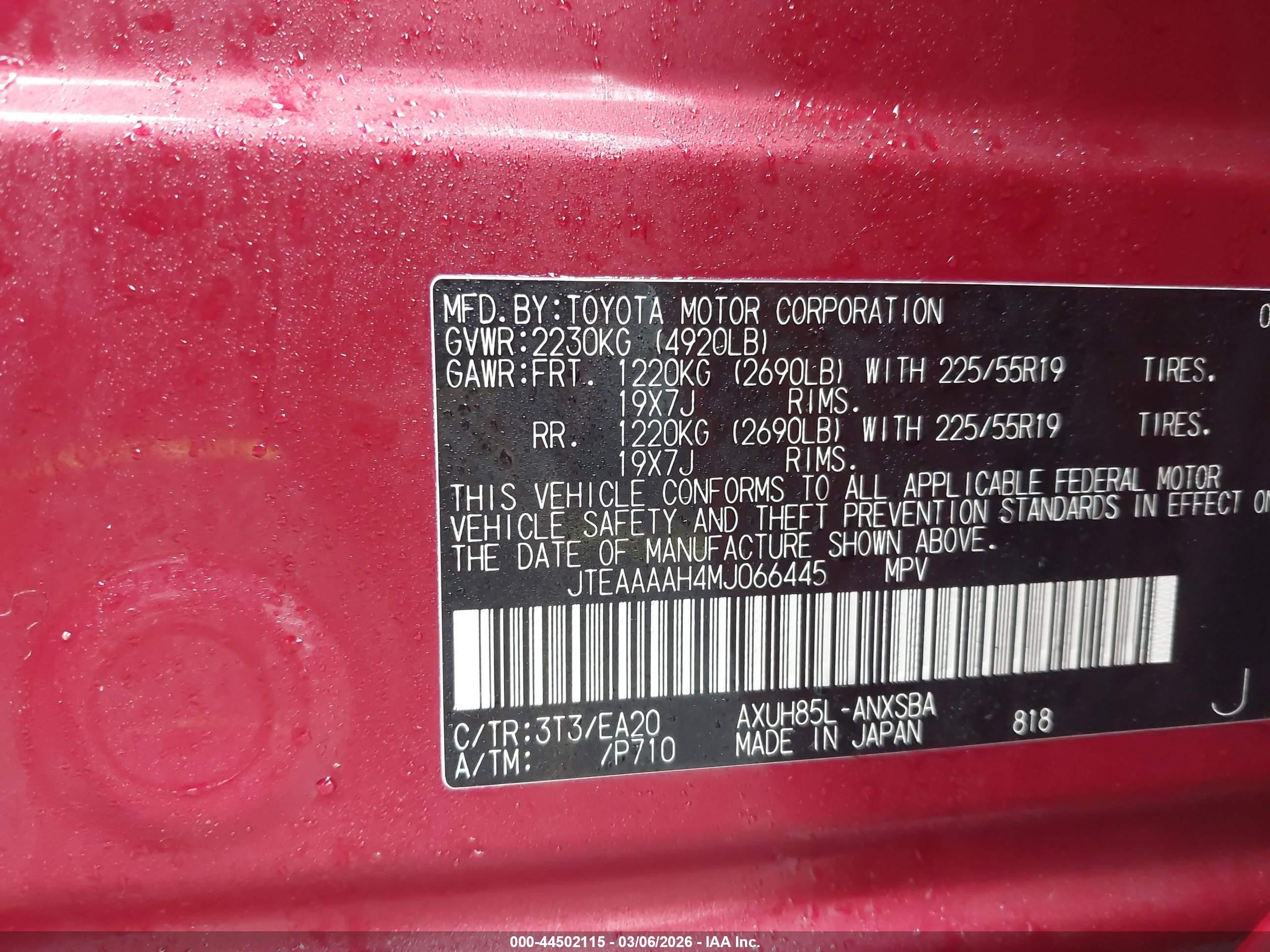 2021 Toyota Venza Limited Red vin: JTEAAAAH4MJ066445
