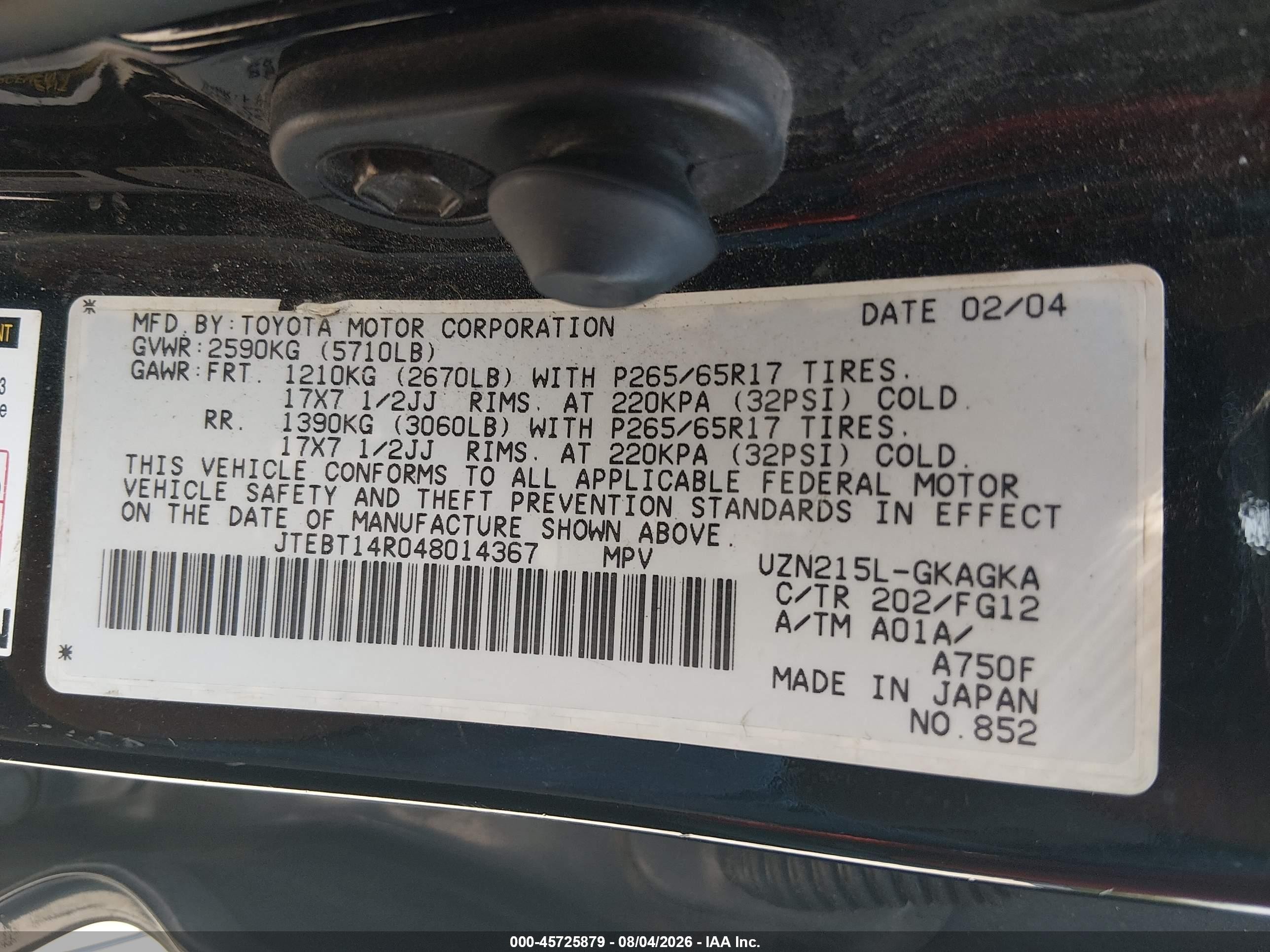 2004 Toyota 4runner Sr5 V8 Black vin: JTEBT14R048014367