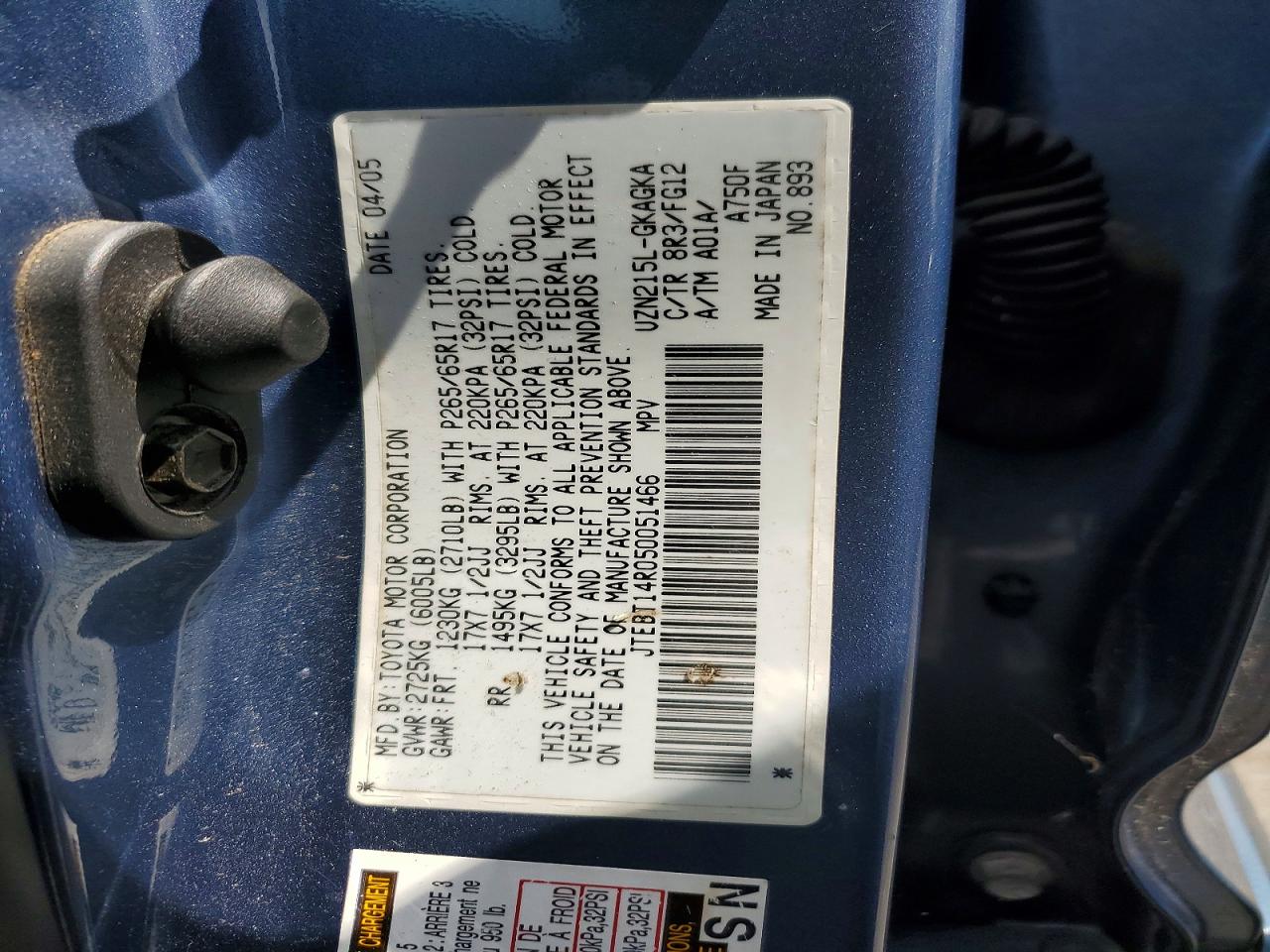 2005 Toyota 4runner Sr5 Blue vin: JTEBT14R050051466