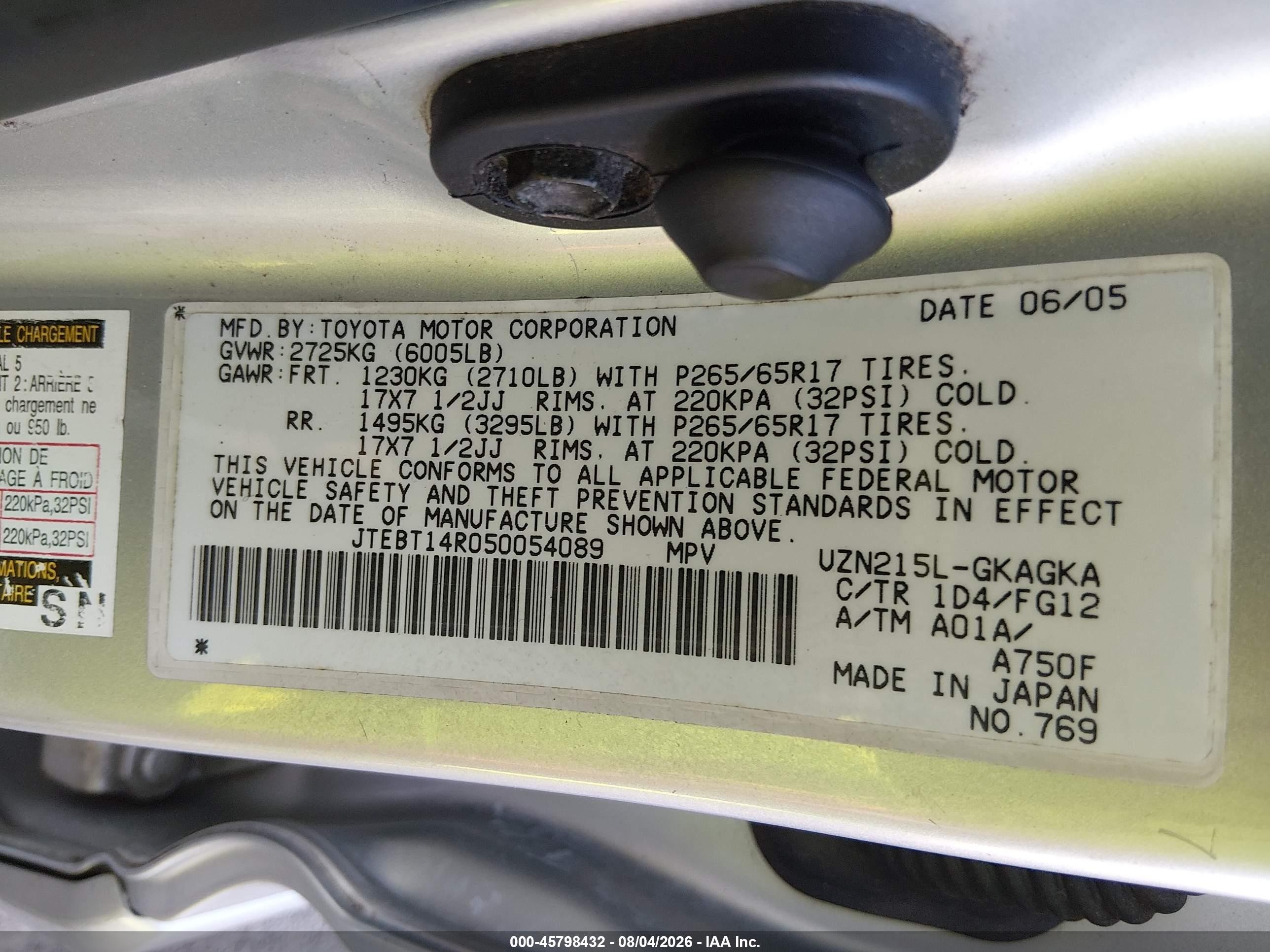 2005 Toyota 4runner Sr5 V8 Silver vin: JTEBT14R050054089