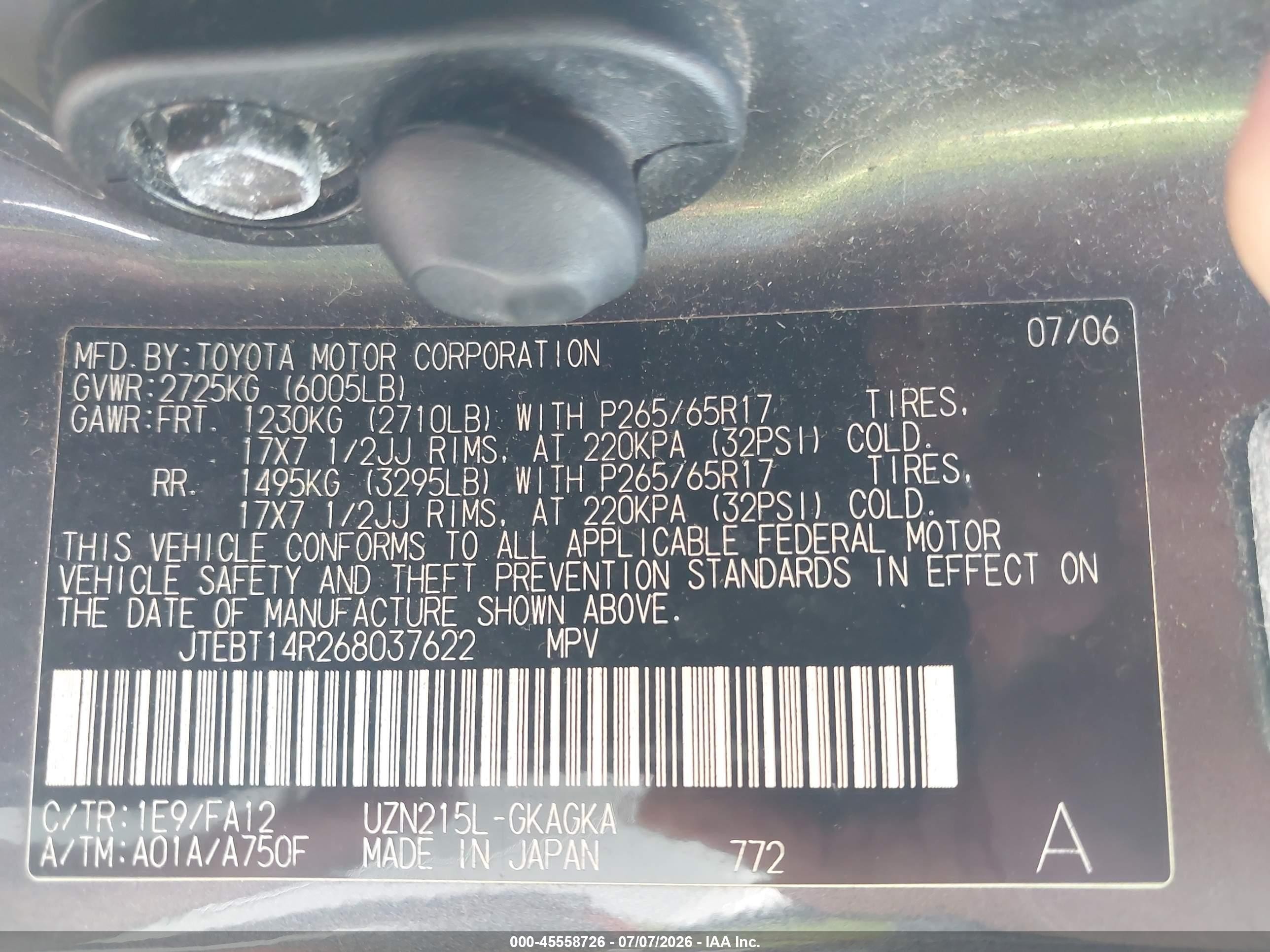 2006 Toyota 4runner Sr5 V8 Gray vin: JTEBT14R268037622