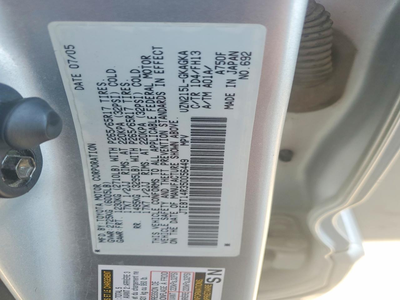 2005 Toyota 4runner Sport Edition Silver vin: JTEBT14R350056449