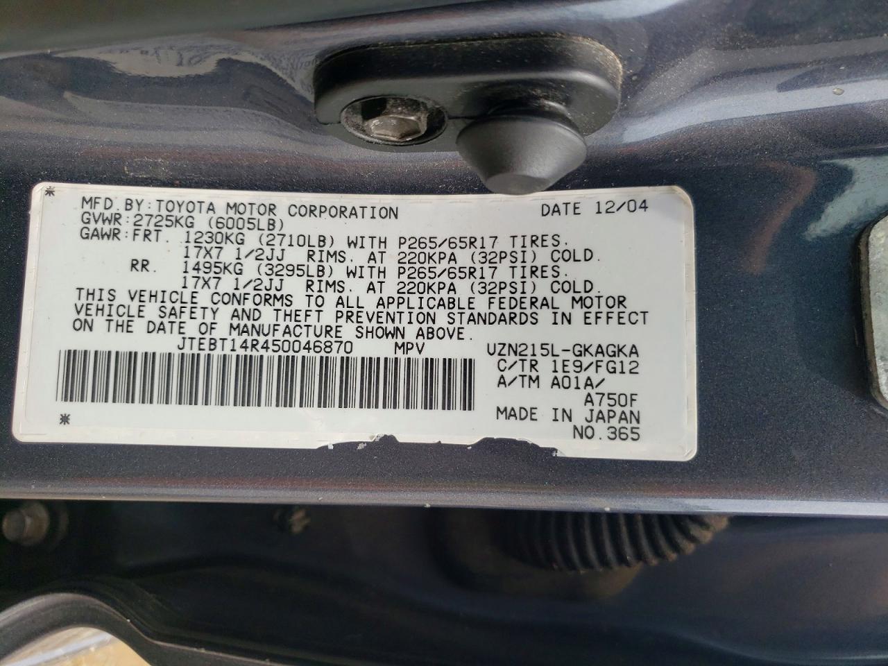2005 Toyota 4runner Sr5 Gray vin: JTEBT14R450046870