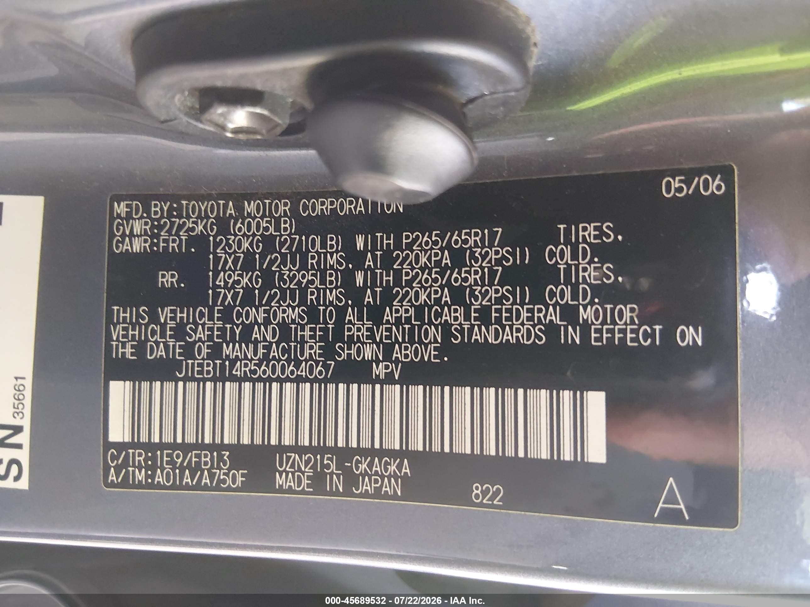 2006 Toyota 4runner Sr5 Sport V8 Серый vin: JTEBT14R560064067