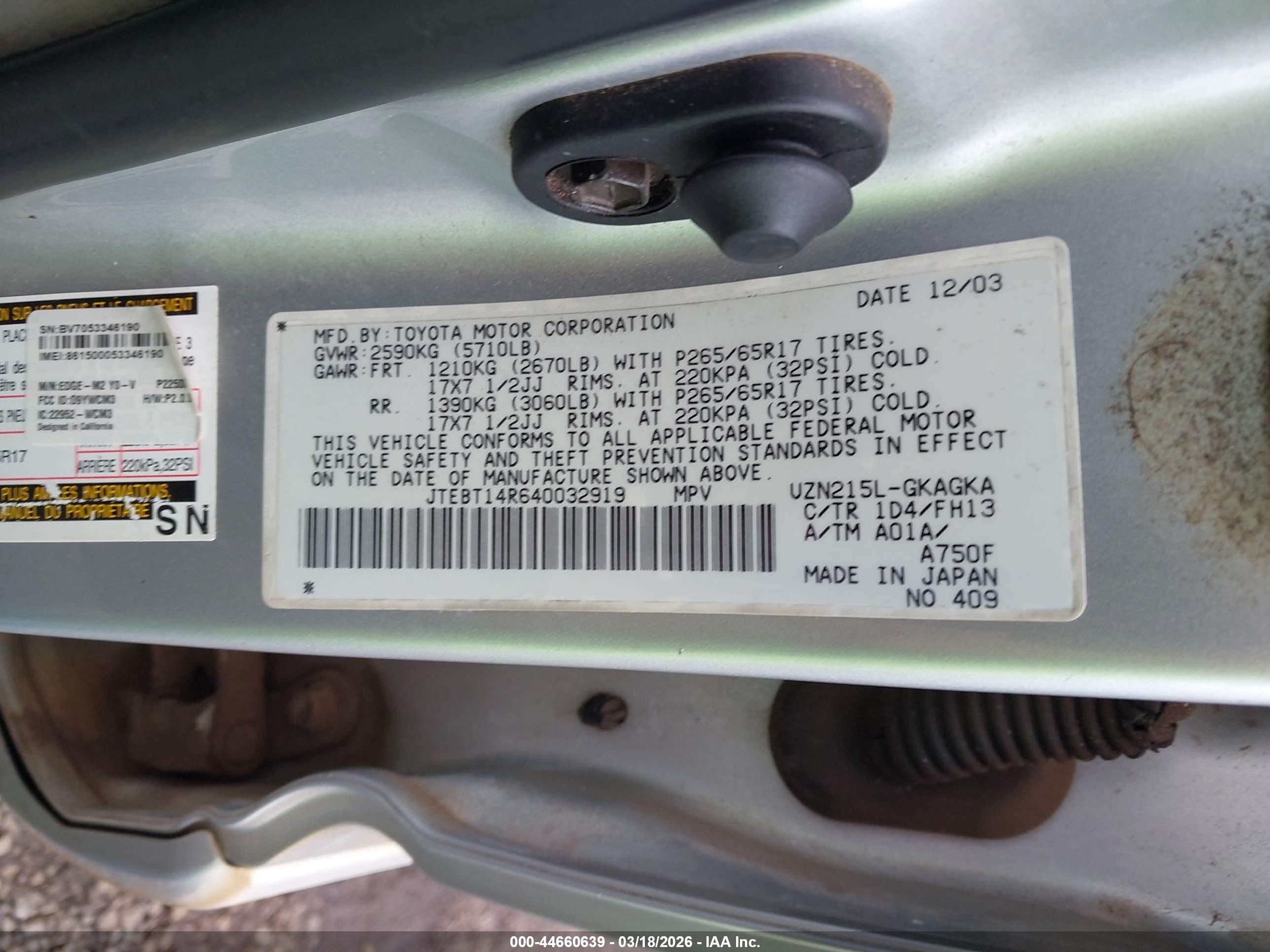 2004 Toyota 4runner Sr5 Sport V8/sr5 V8 Серебряный vin: JTEBT14R640032919