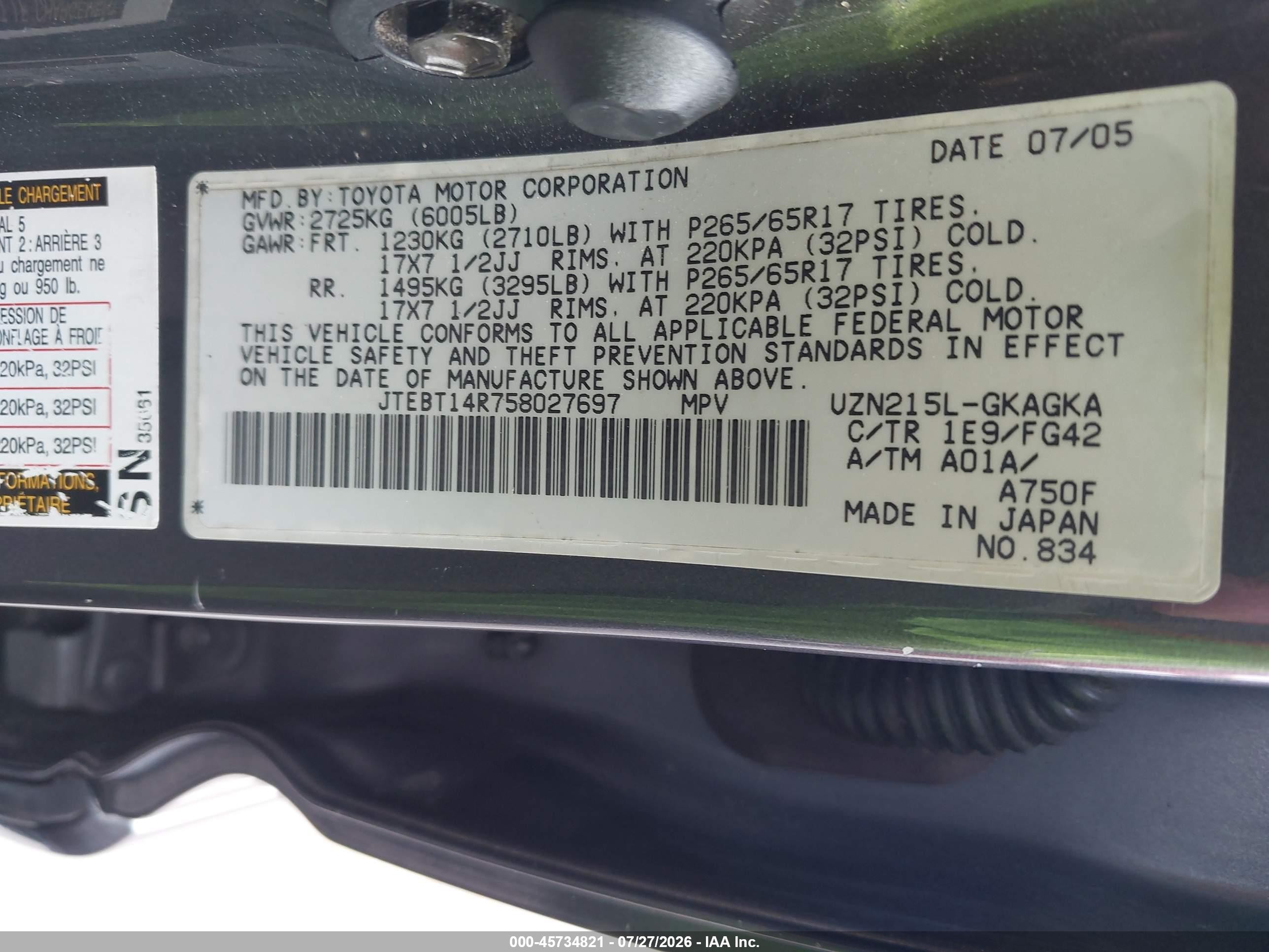 2005 Toyota 4runner Sr5 V8 Silver vin: JTEBT14R758027697