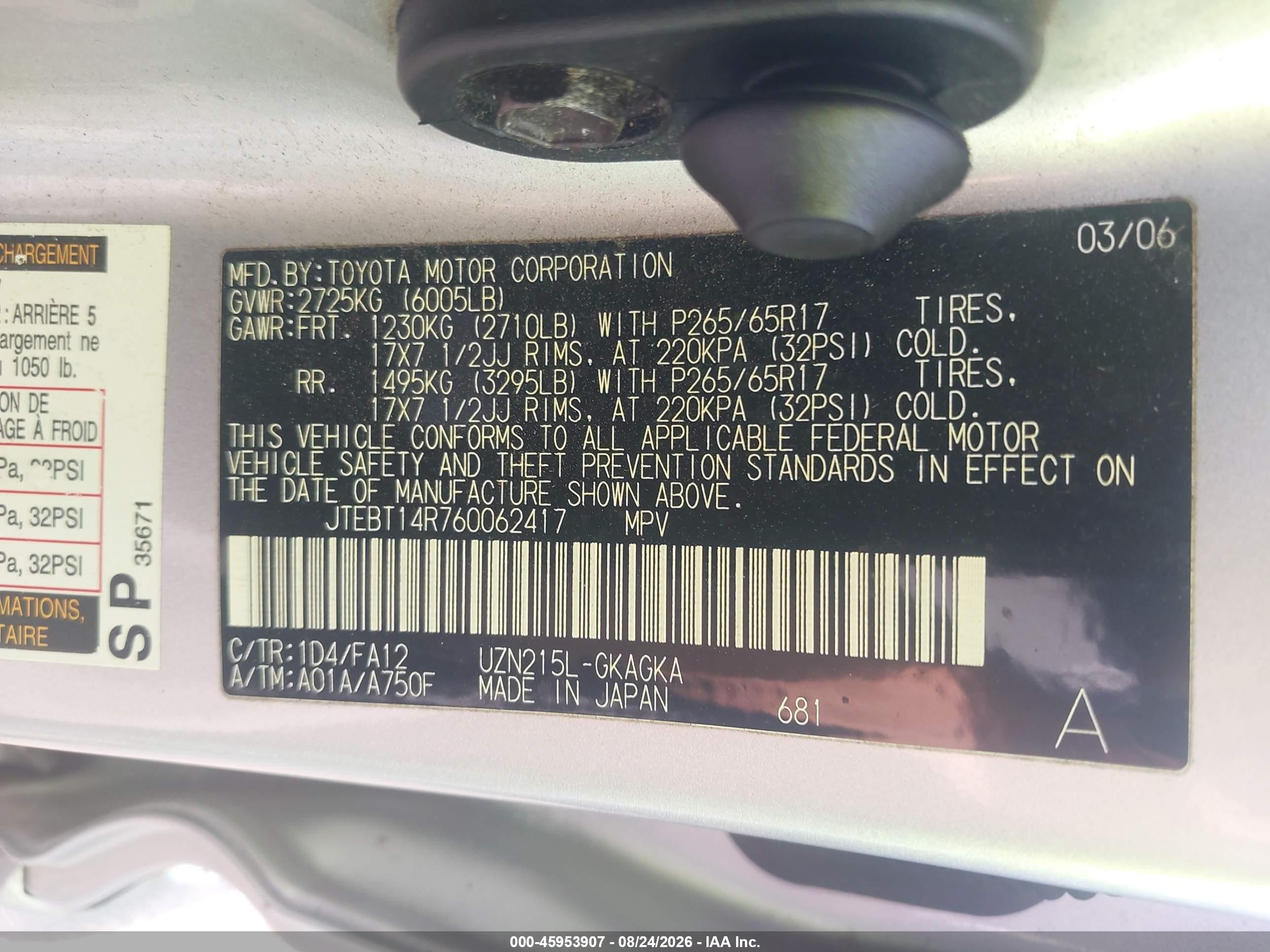 2006 Toyota 4runner Sr5 V8 Gray vin: JTEBT14R760062417