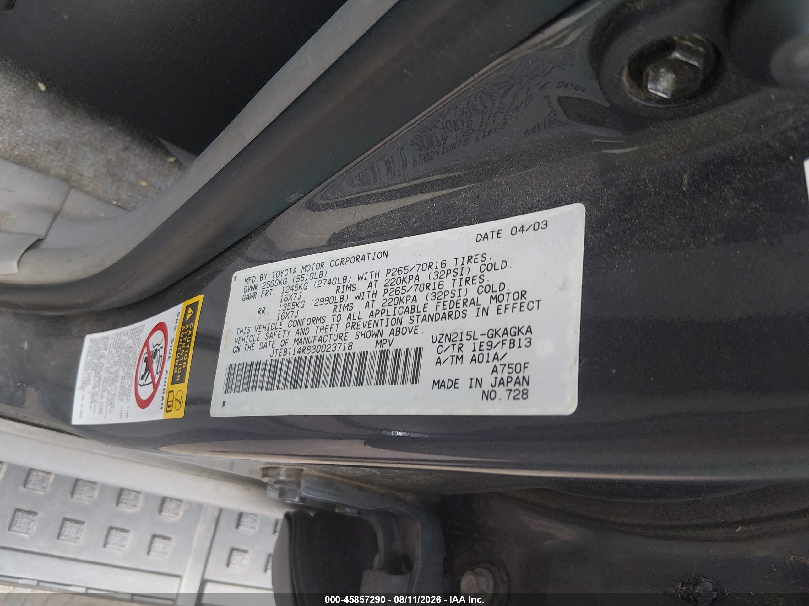 2003 Toyota 4runner Sr5 Sport V8 Black vin: JTEBT14R830023718