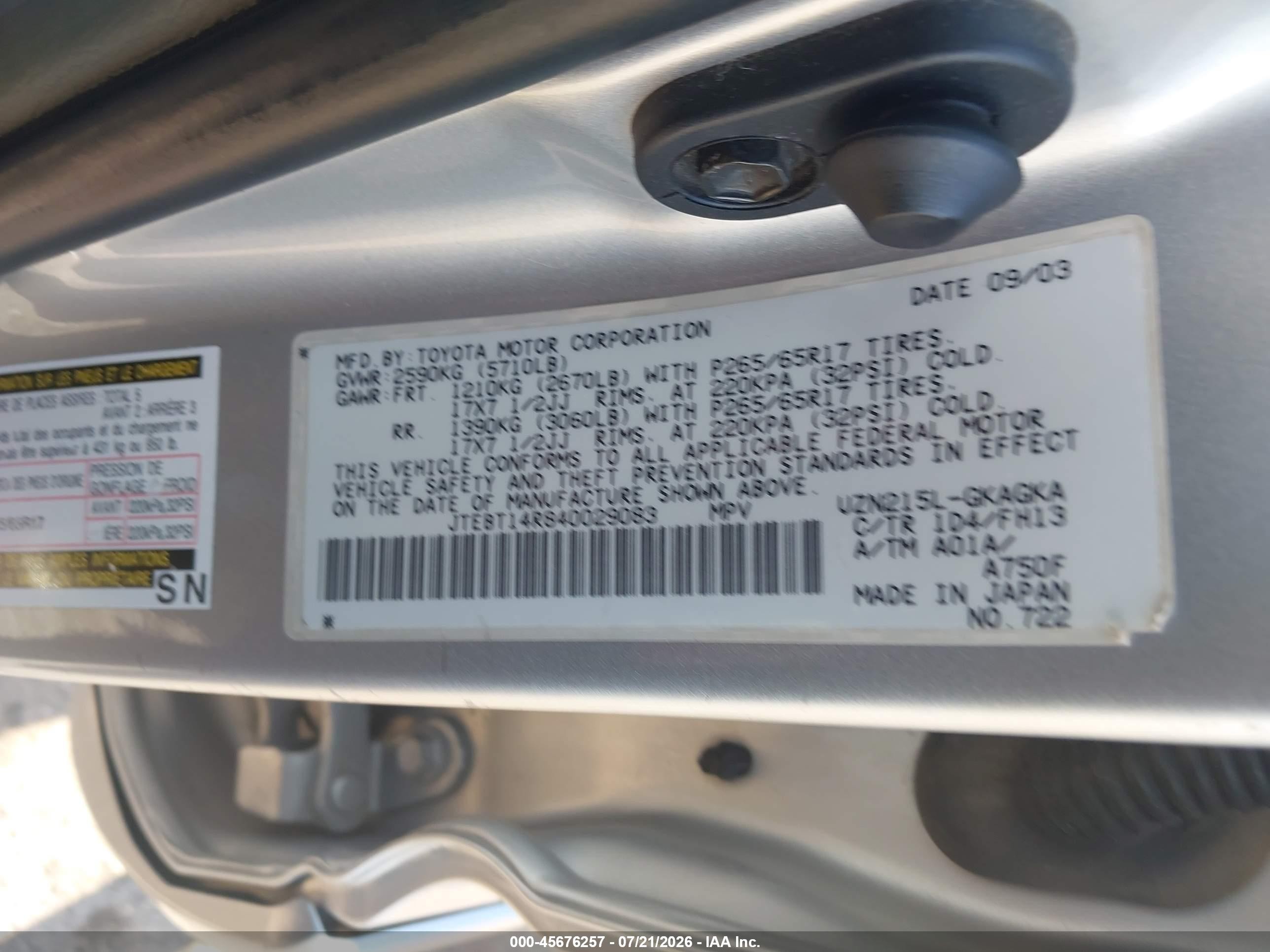 2004 Toyota 4runner Sr5 Sport V8 Silver vin: JTEBT14R840029083