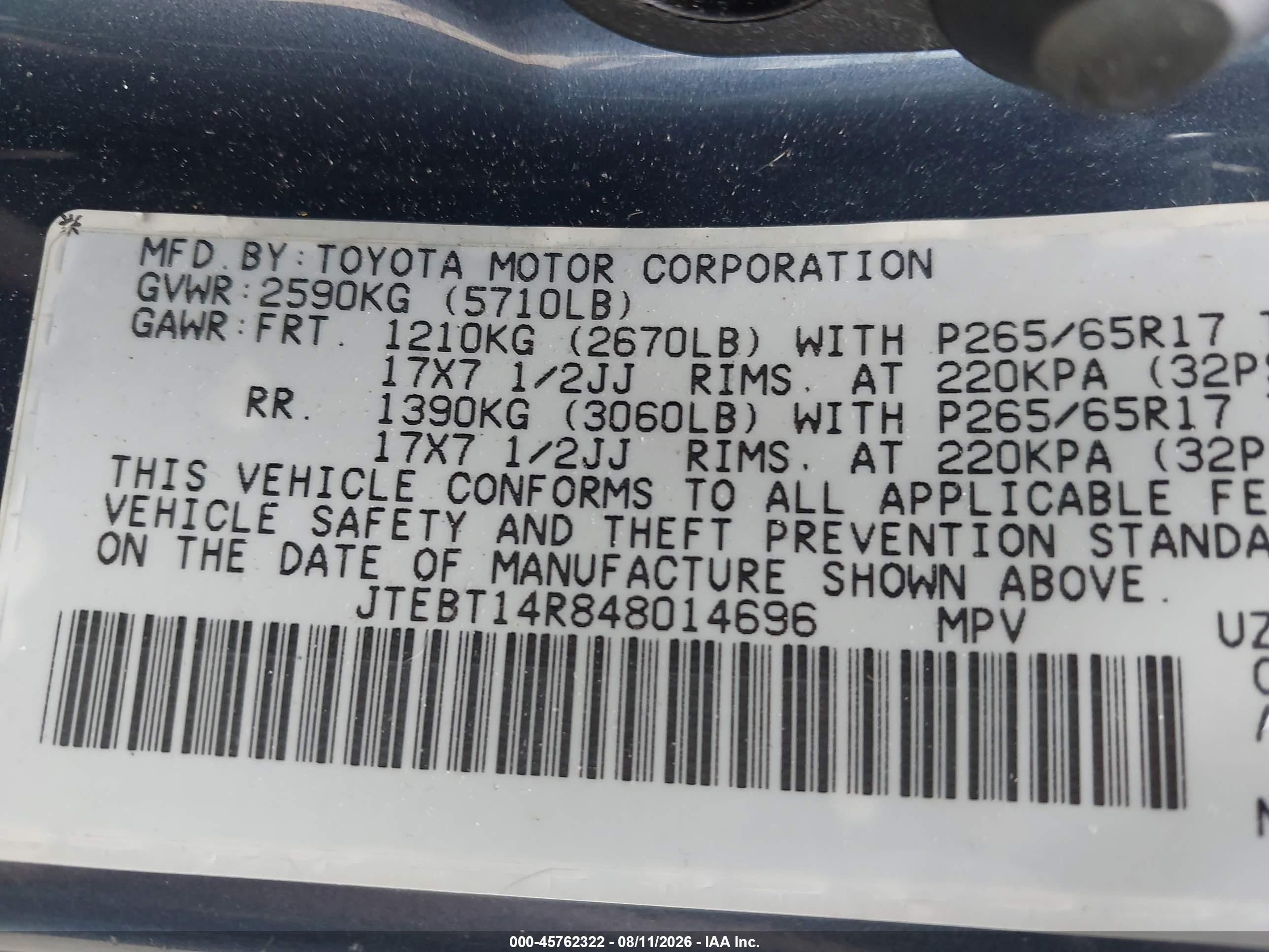 2004 Toyota 4runner Sr5 V8 Blue vin: JTEBT14R848014696