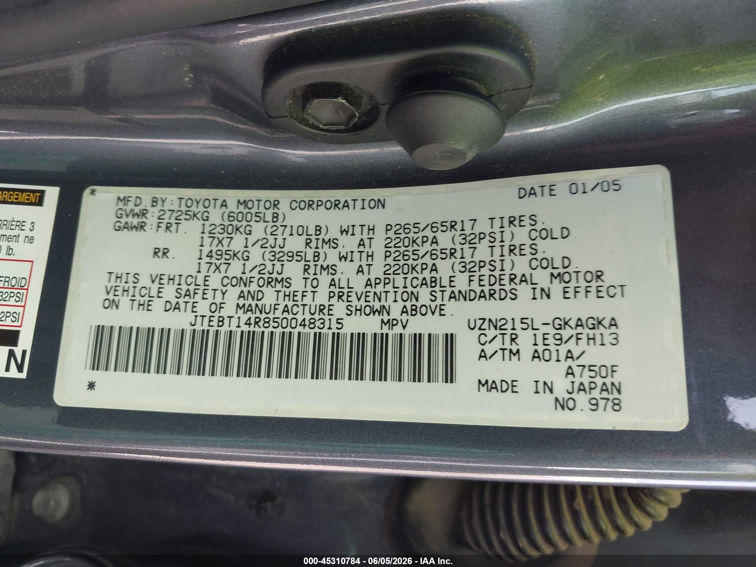 2005 Toyota 4runner Sr5 Sport V8 Gray vin: JTEBT14R850048315