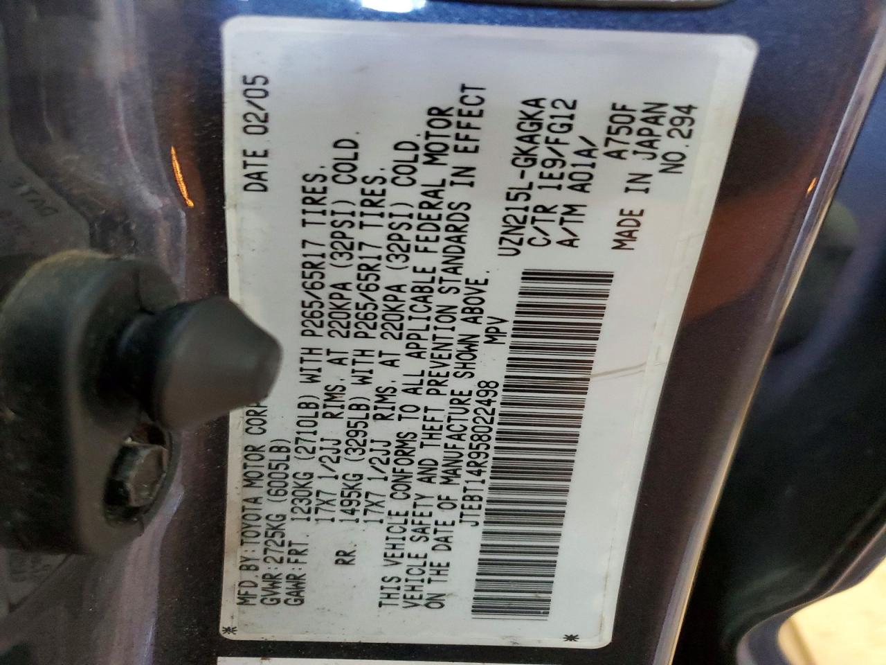 2005 Toyota 4runner Sr5 Gray vin: JTEBT14R958022498