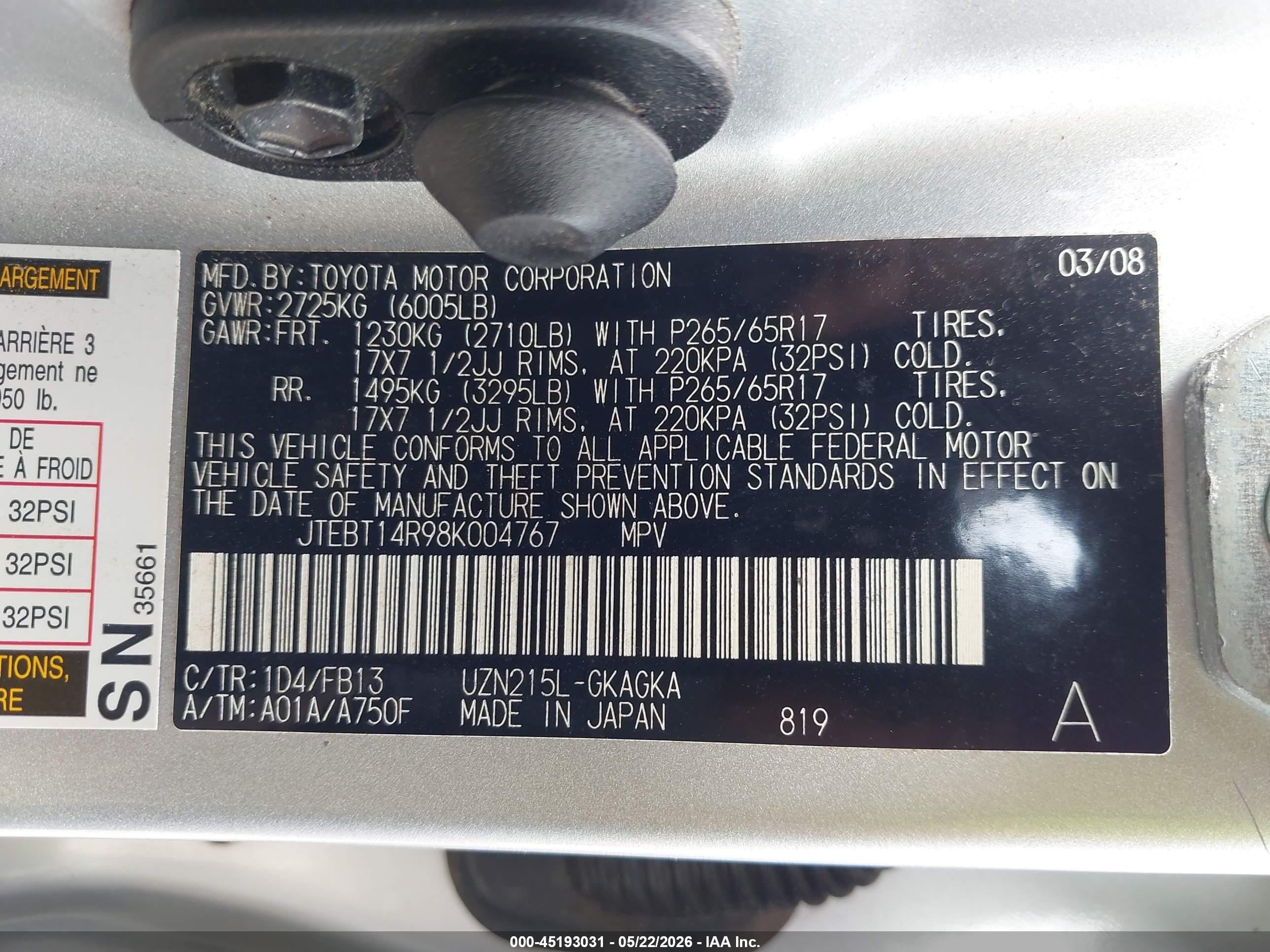 2008 Toyota 4runner Sport V8 Silver vin: JTEBT14R98K004767