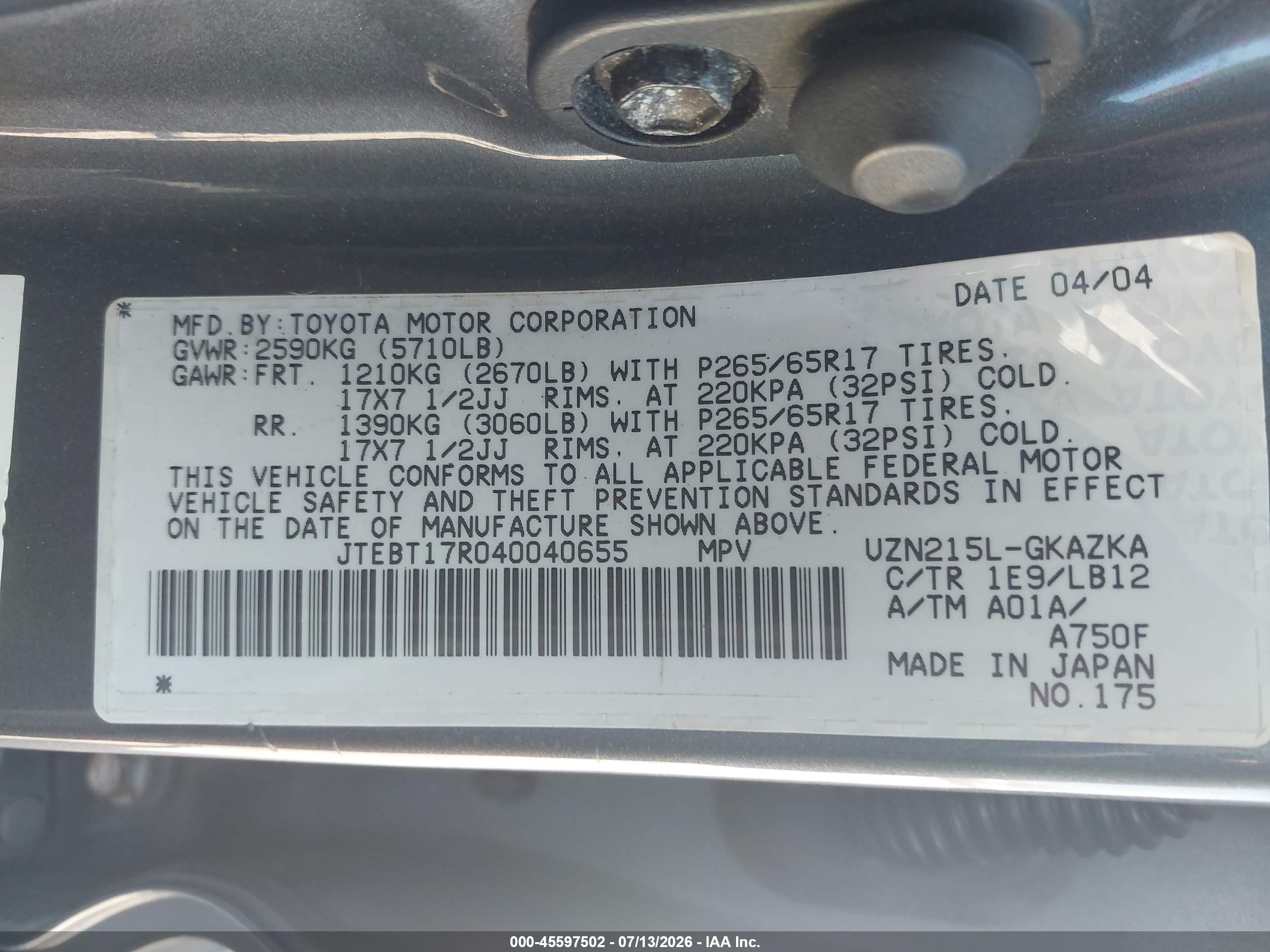 2004 Toyota 4runner Limited V8 Gray vin: JTEBT17R040040655