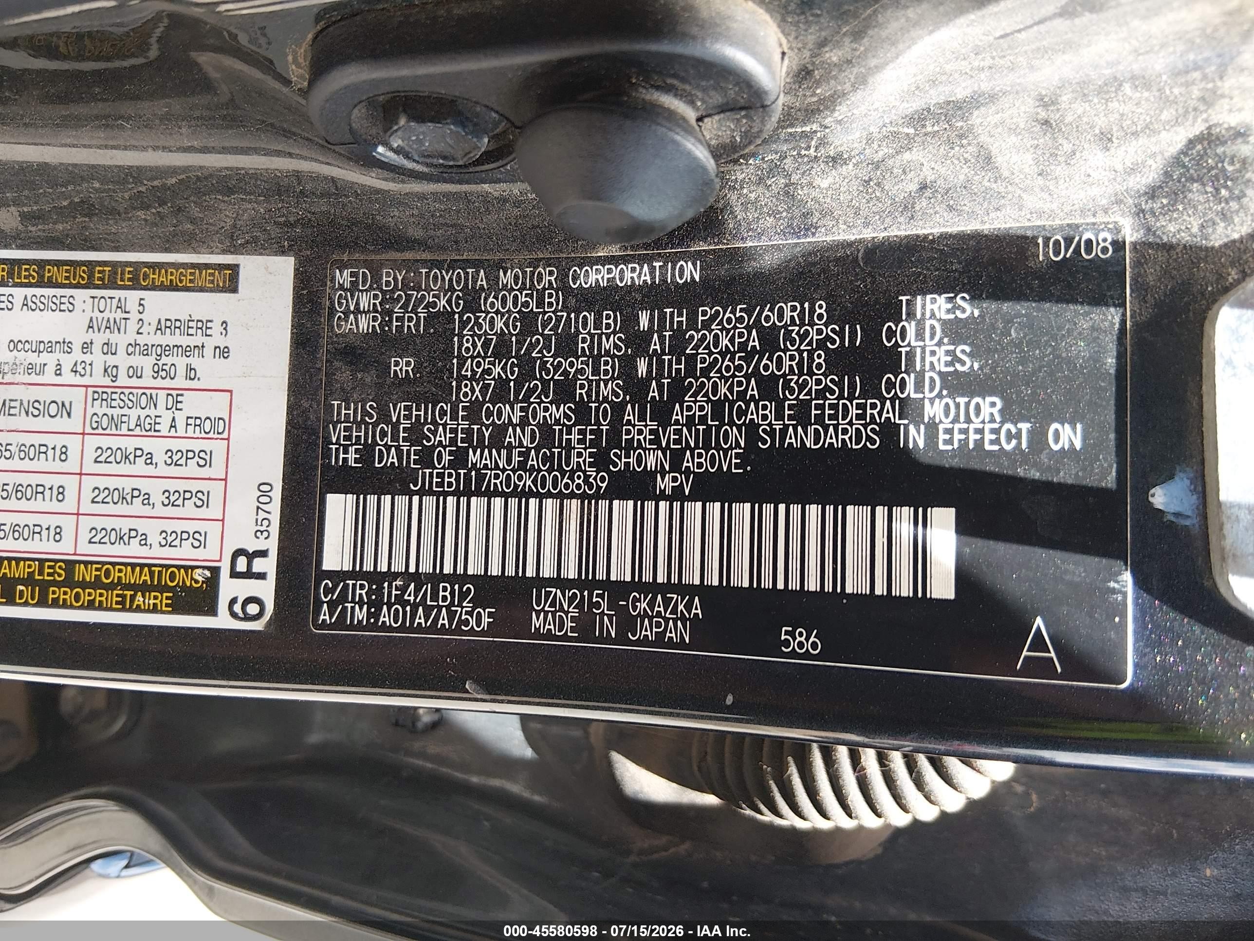 2009 Toyota 4runner Limited V8 Black vin: JTEBT17R09K006839