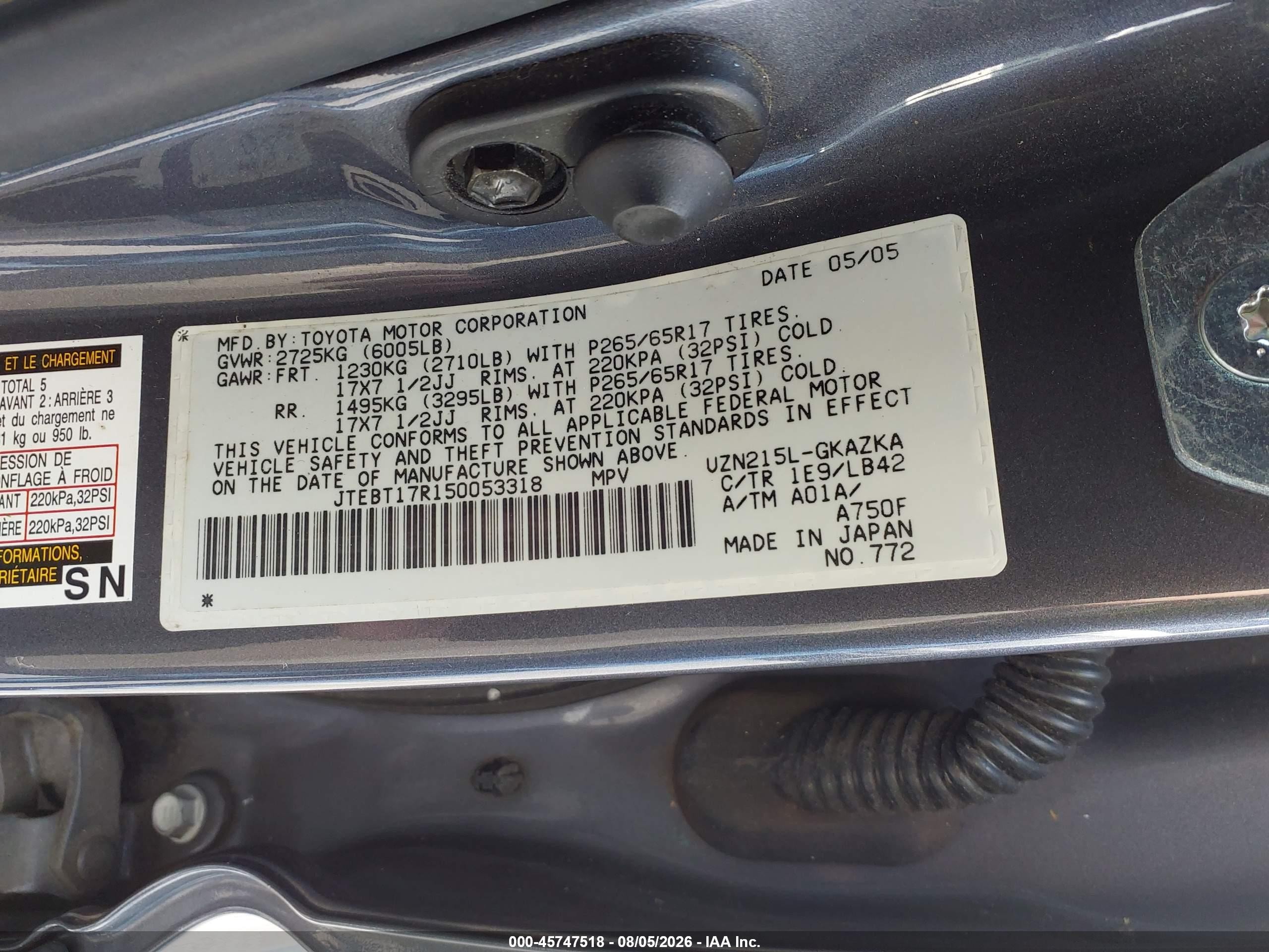 2005 Toyota 4runner Limited V8 Gray vin: JTEBT17R150053318