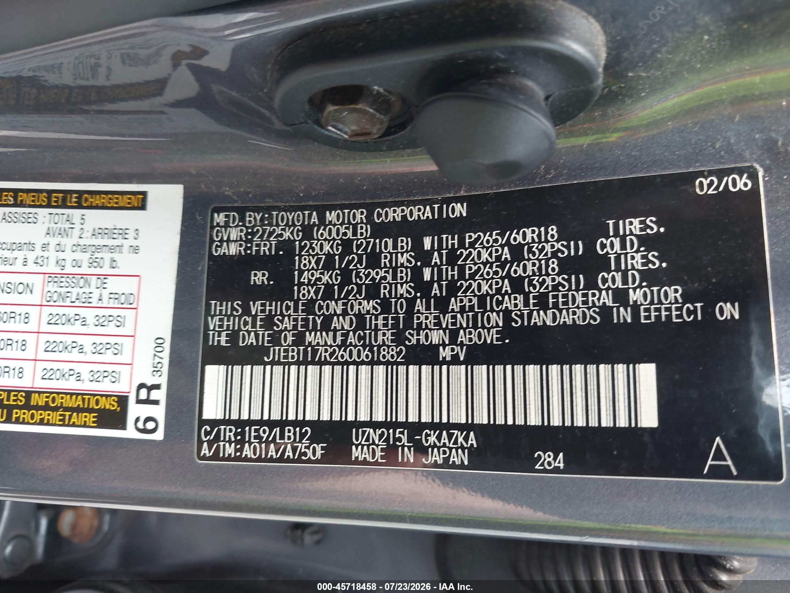 2006 Toyota 4runner Limited V8 Серый vin: JTEBT17R260061882