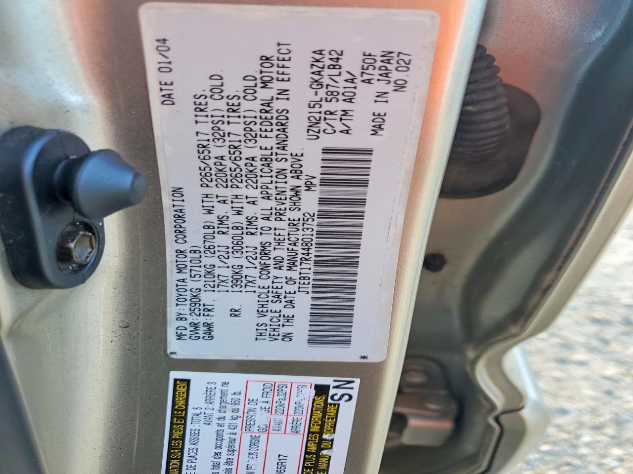 2004 Toyota 4runner Limited Gold vin: JTEBT17R448013752