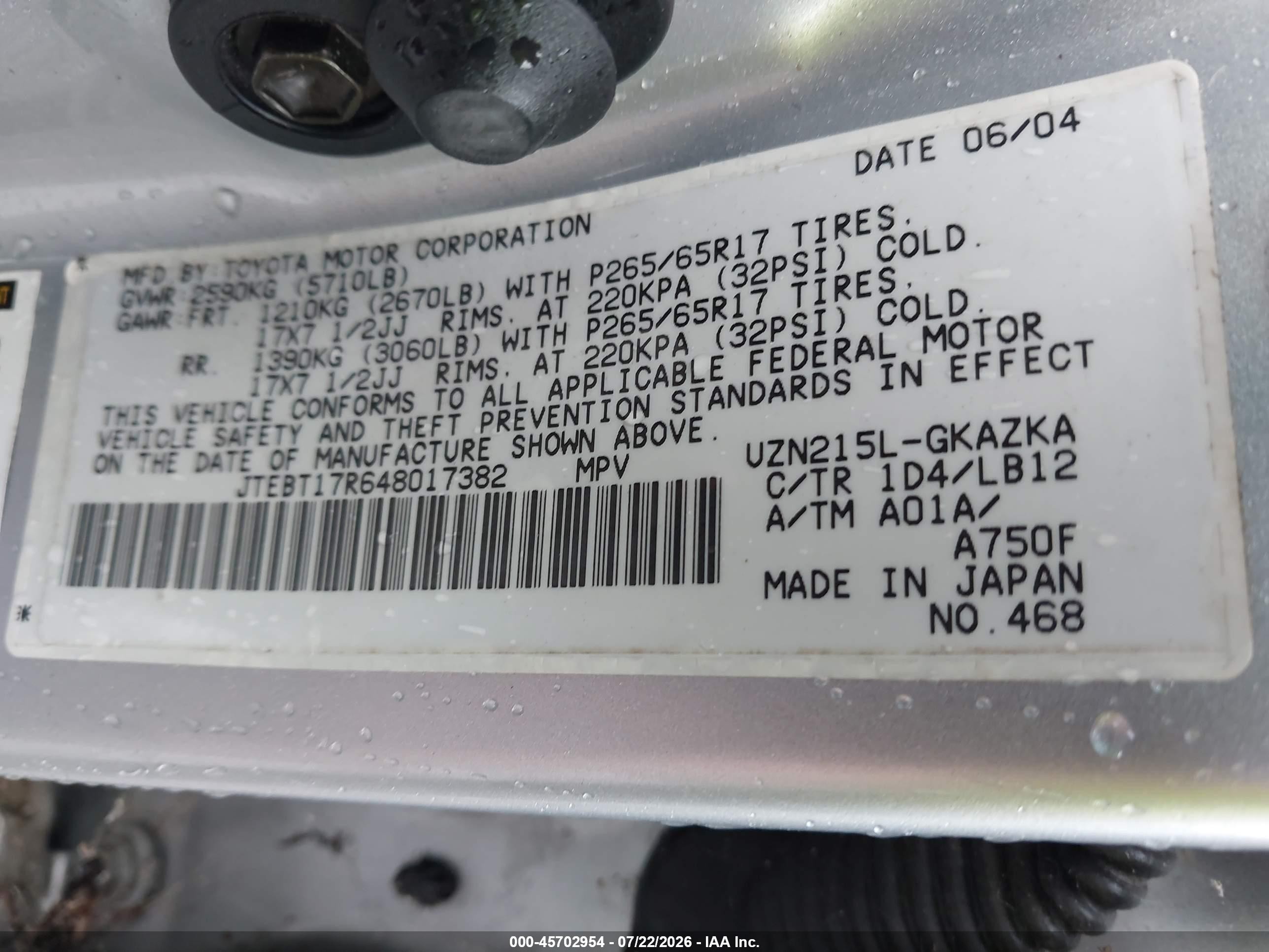 2004 Toyota 4runner Limited V8 Silver vin: JTEBT17R648017382