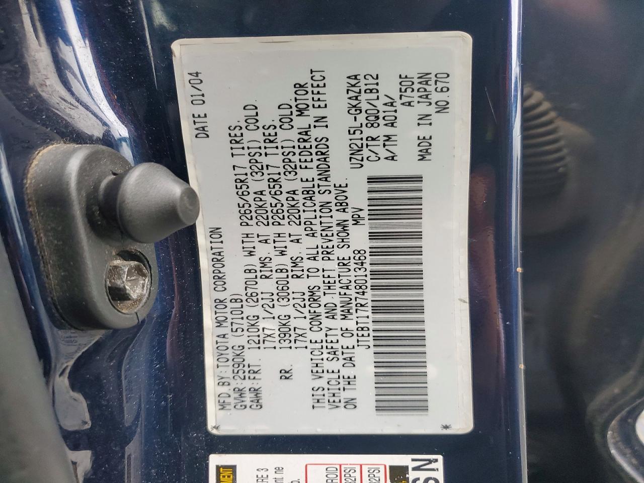 2004 Toyota 4runner Limited Blue vin: JTEBT17R748013468