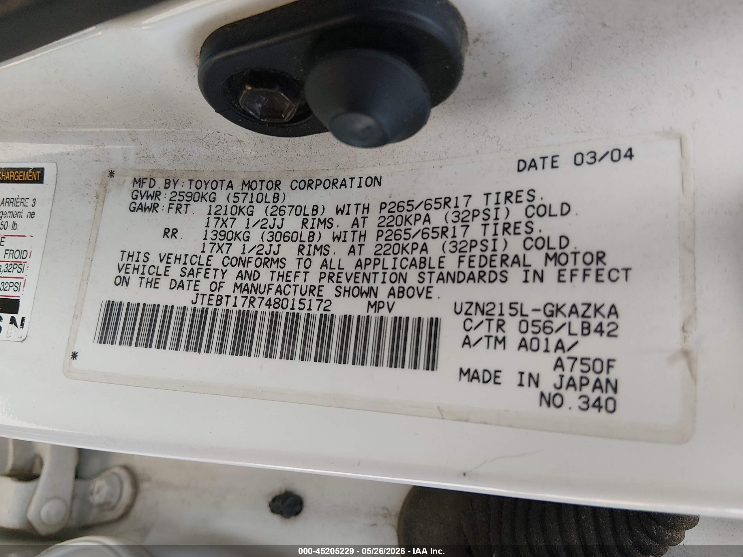 2004 Toyota 4runner Limited V8 White vin: JTEBT17R748015172