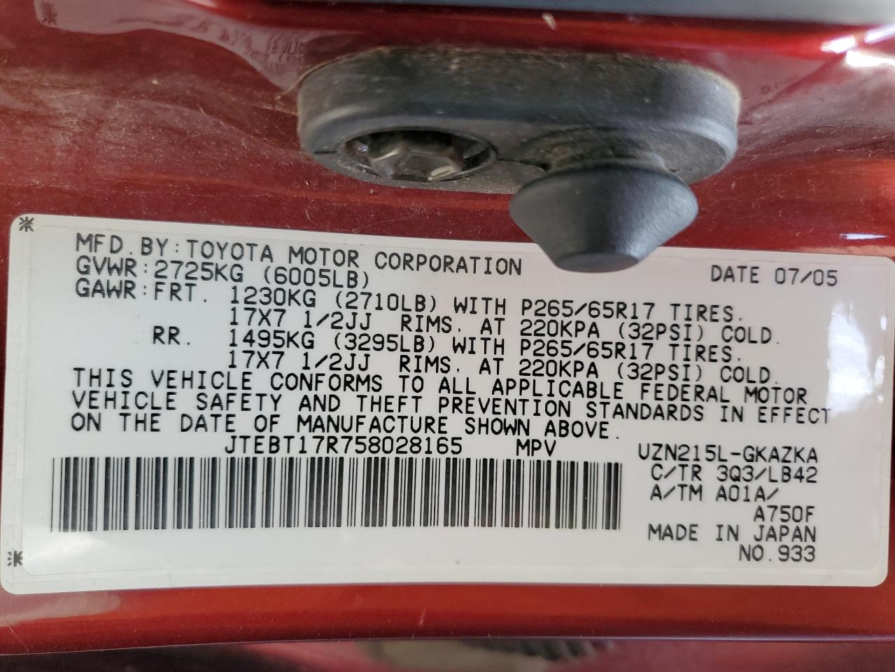 2005 Toyota 4runner Limited Red vin: JTEBT17R758028165