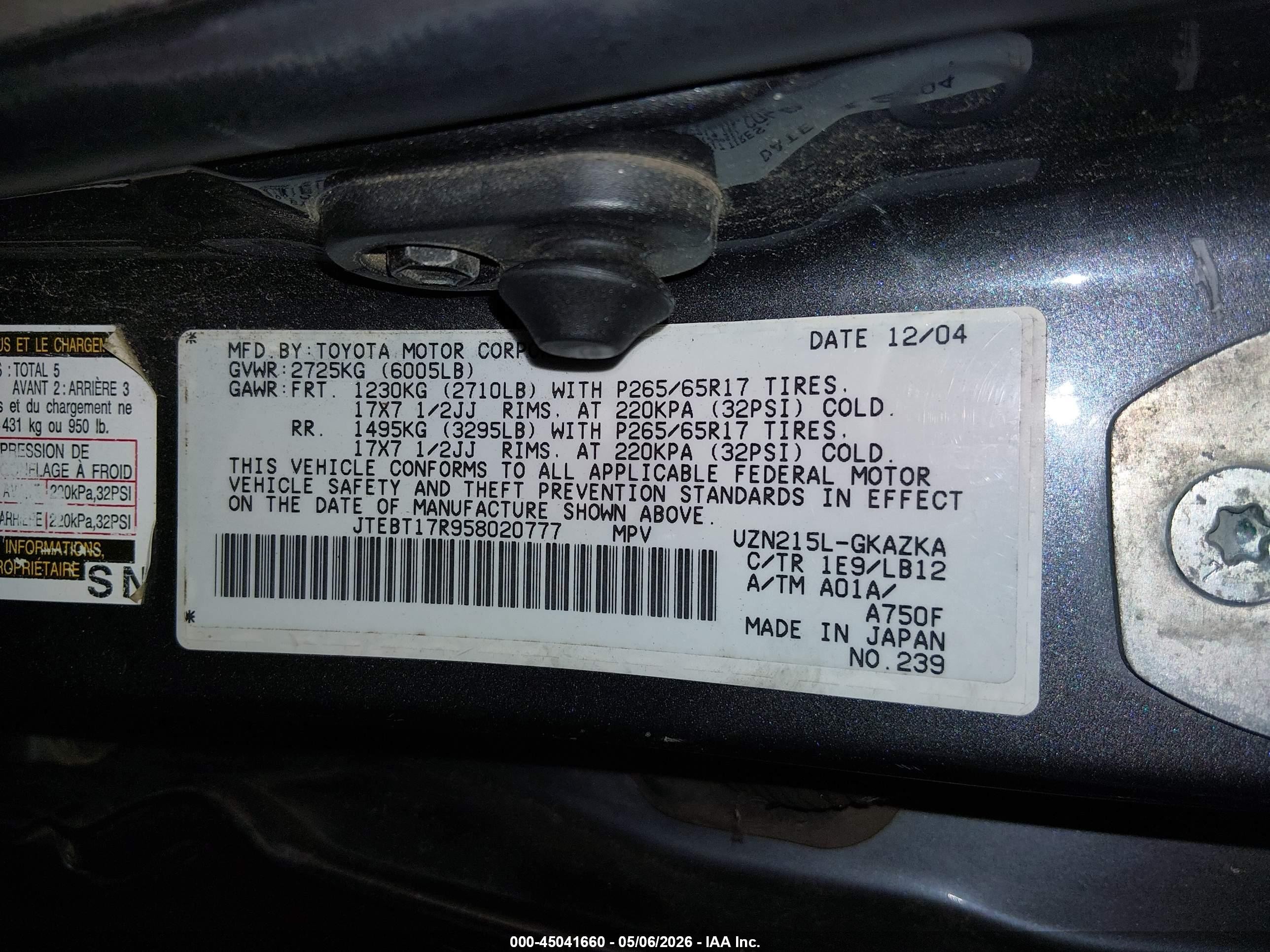 2005 Toyota 4runner Limited V8 Gray vin: JTEBT17R958020777