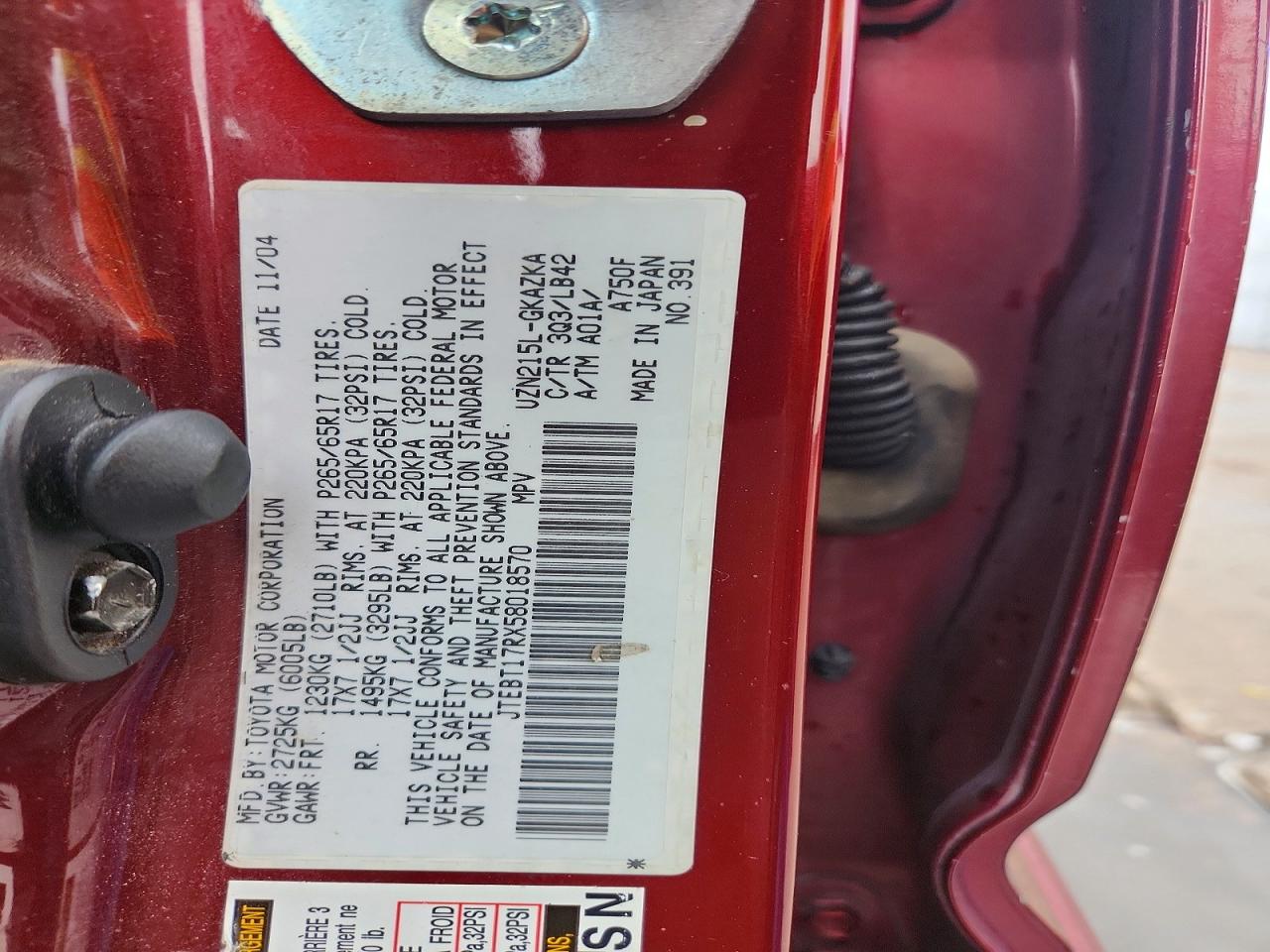 2005 Toyota 4runner Limited Maroon vin: JTEBT17RX58018570